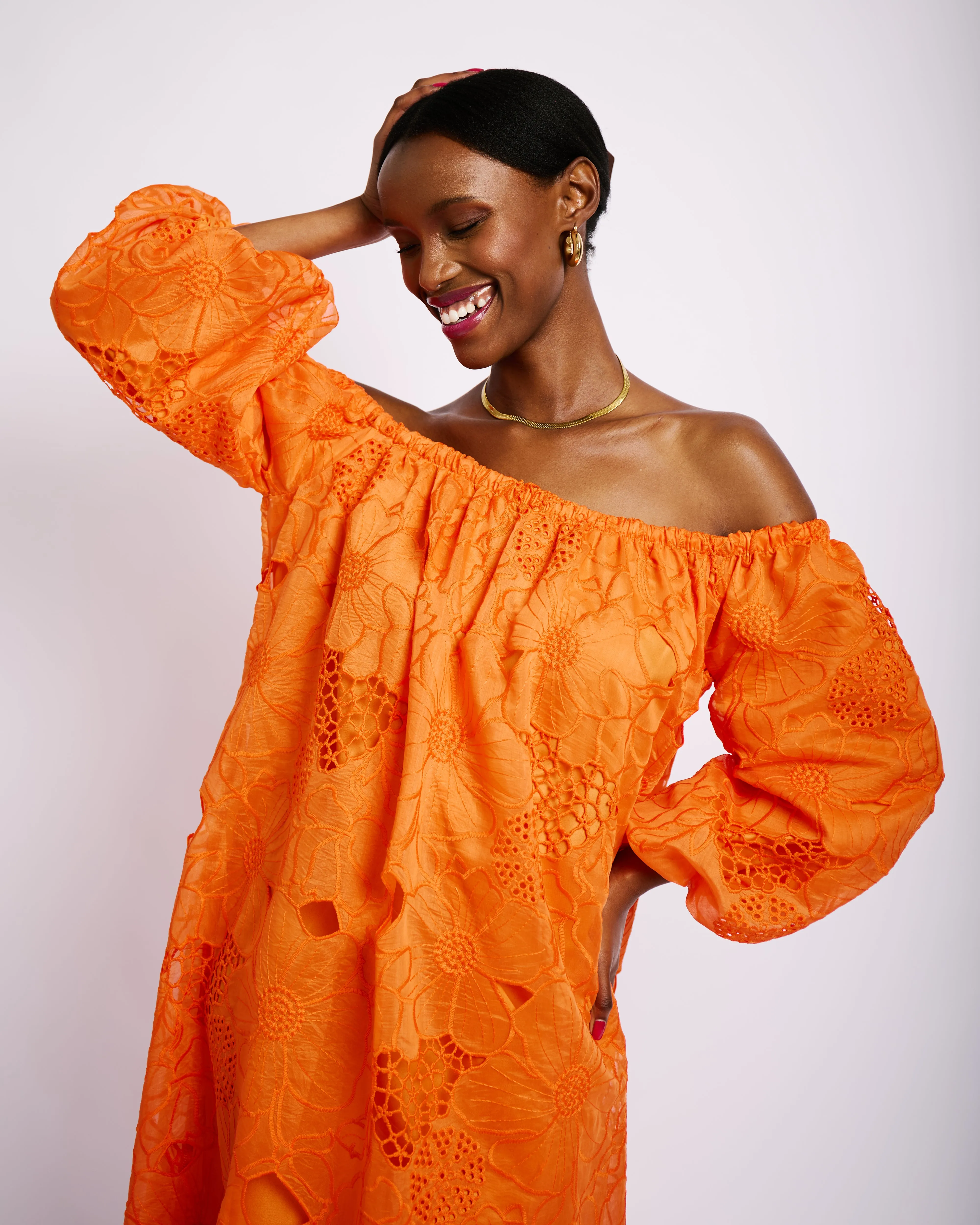 Off the Shoulder Anglaise Dress in Coral SeamlessFit High End