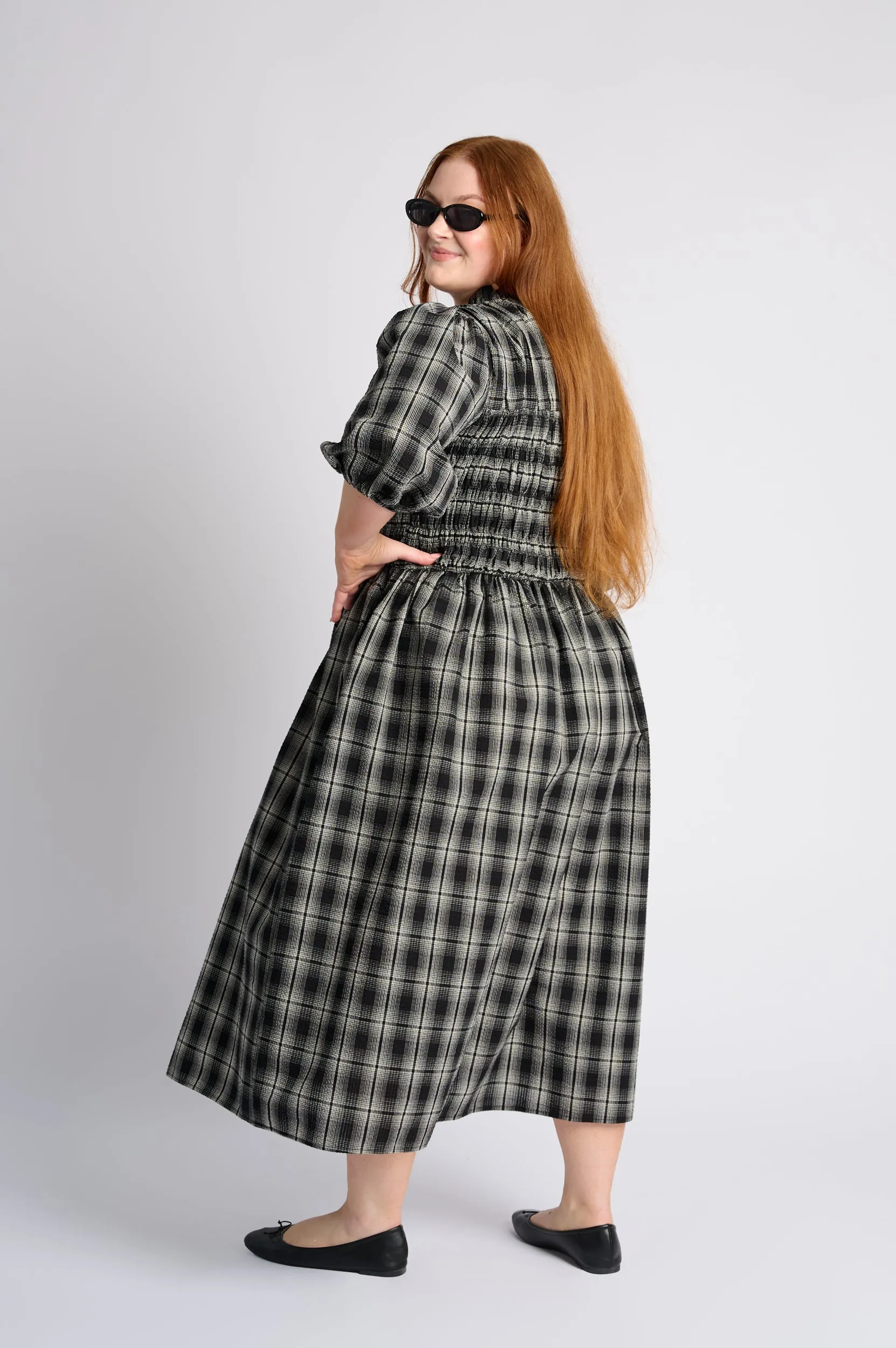 FlexibleWaistband DoubleLayered Shirring Cotton Dress in Black Check