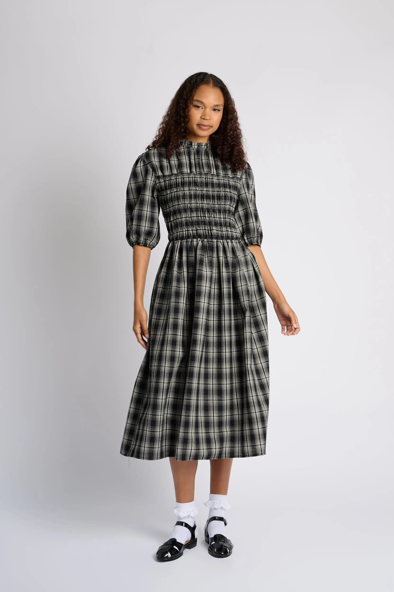 Light Flow Shirring Cotton Dress in Black Check