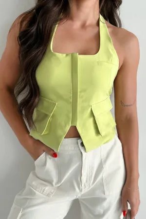 Flattery Won't Work Zip-Front Cargo Halter Vest (Lime) All Season