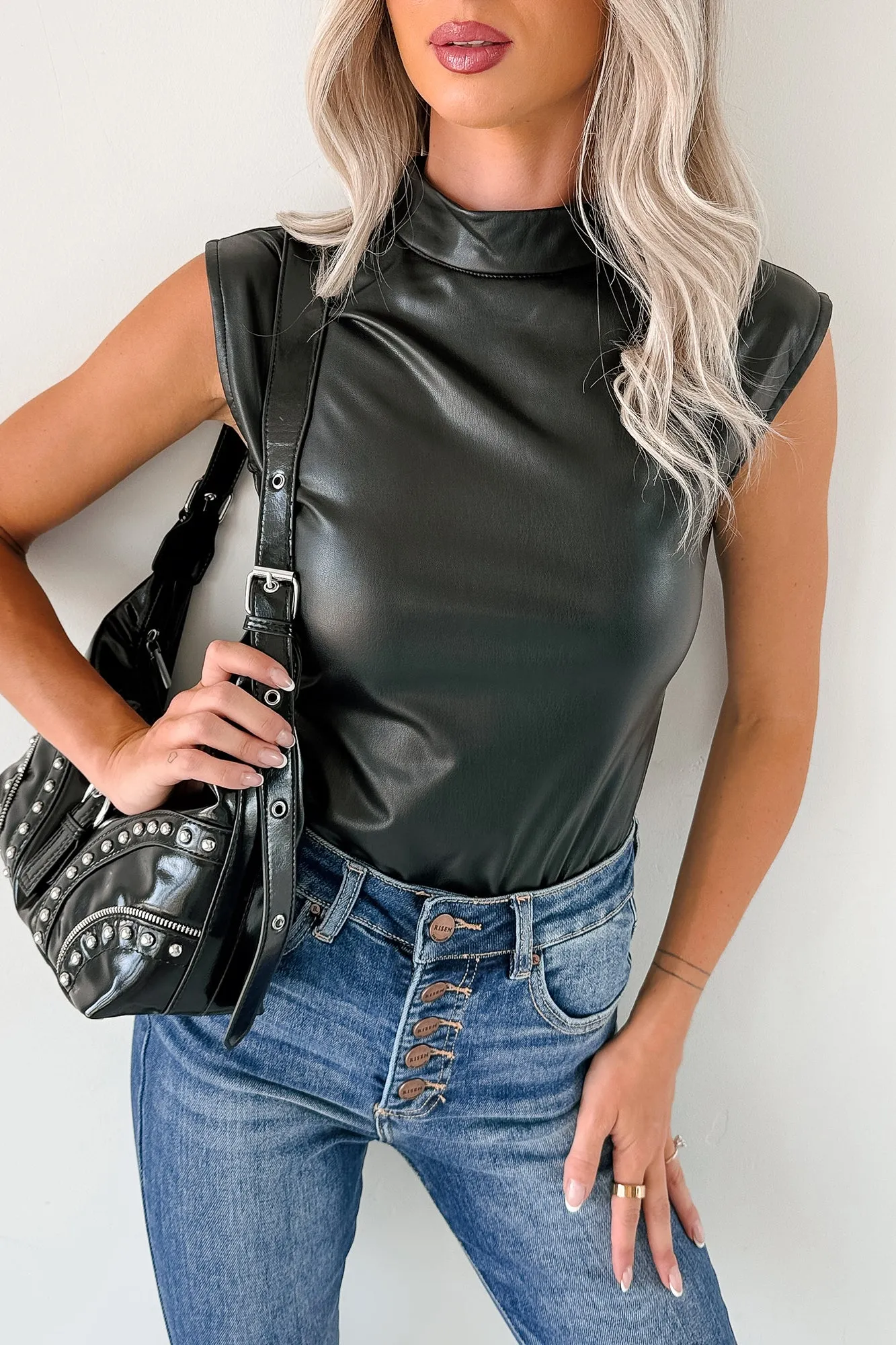 Lucid Dreaming Faux Leather Mock Neck Bodysuit (Black) Laser Cut Ventilation industrial park