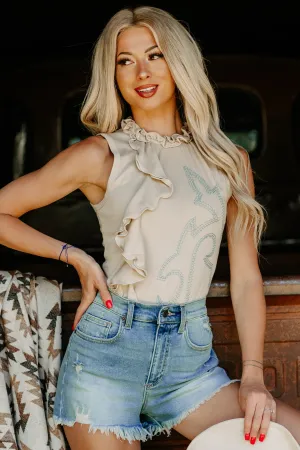 Layer Essential Rodeo Ready Embroidered Ruffle Top (Sand)