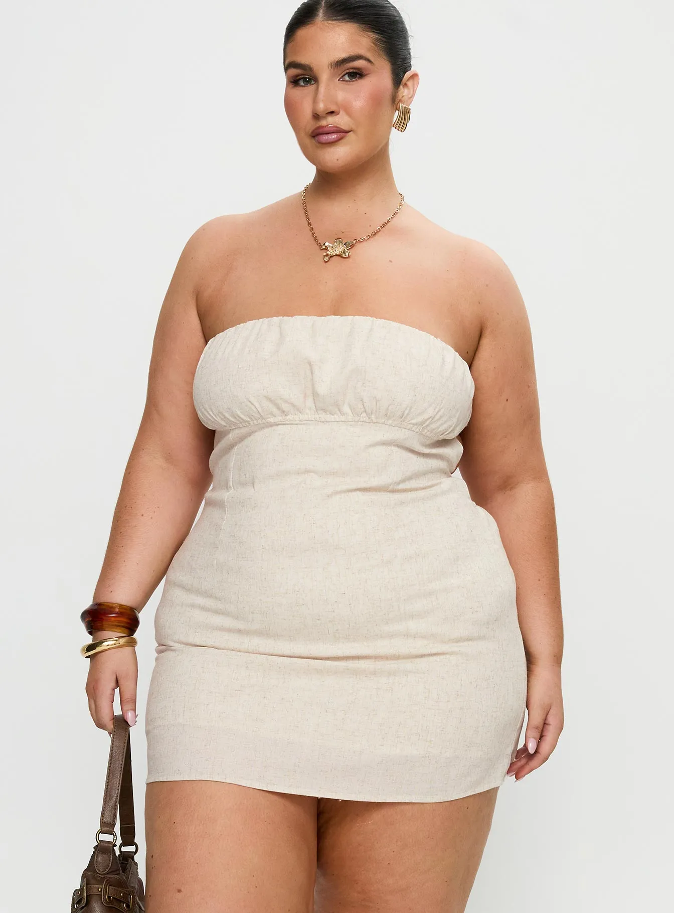 Floral Pattern Charming Design Luvstruck Strapless Mini Dress Beige Curve