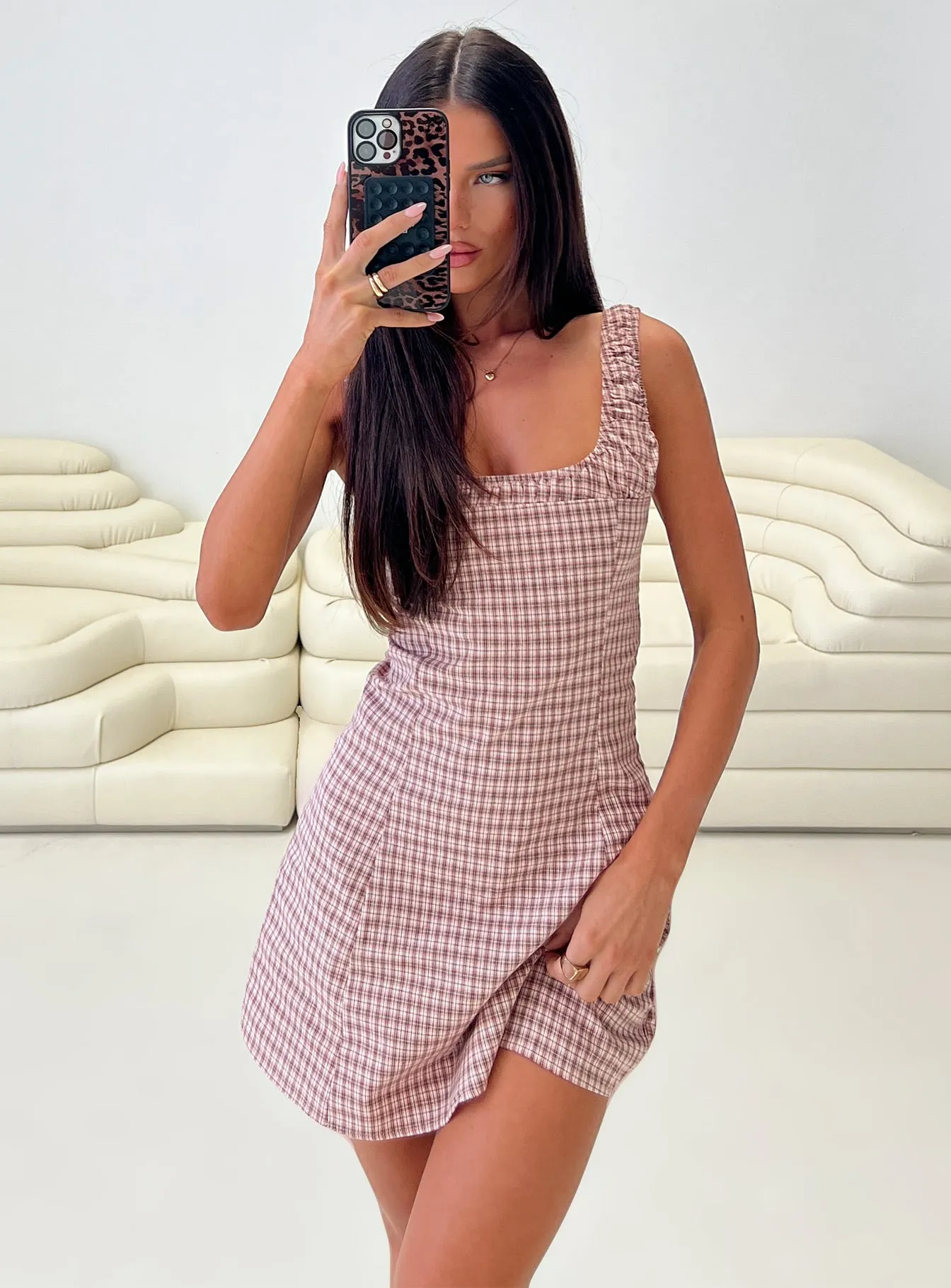 Layered Ruffle Accent Denley Cinched Mini Dress Pink Check