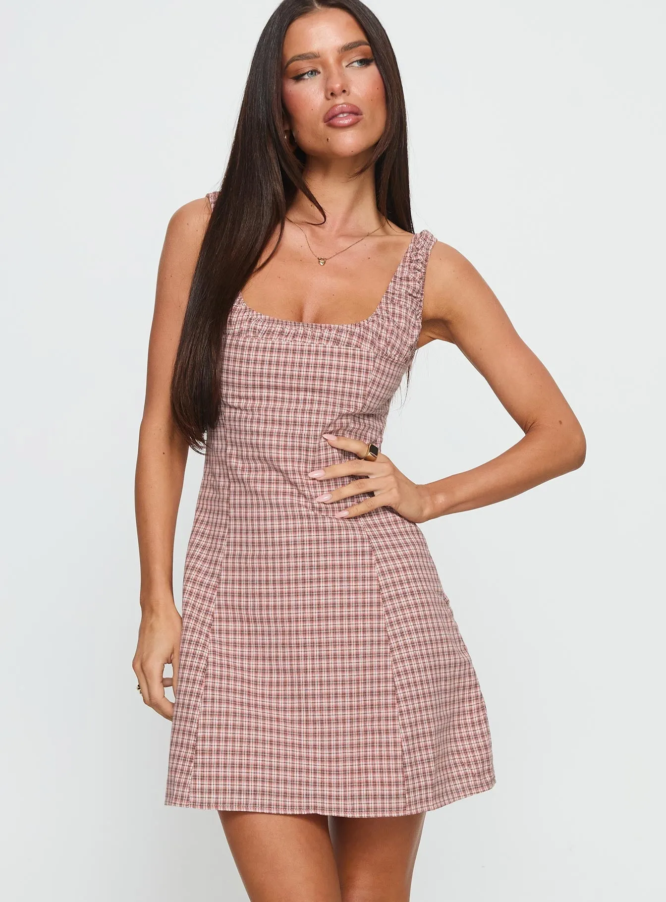 Versatile Style Casual Style Denley Cinched Mini Dress Pink Check