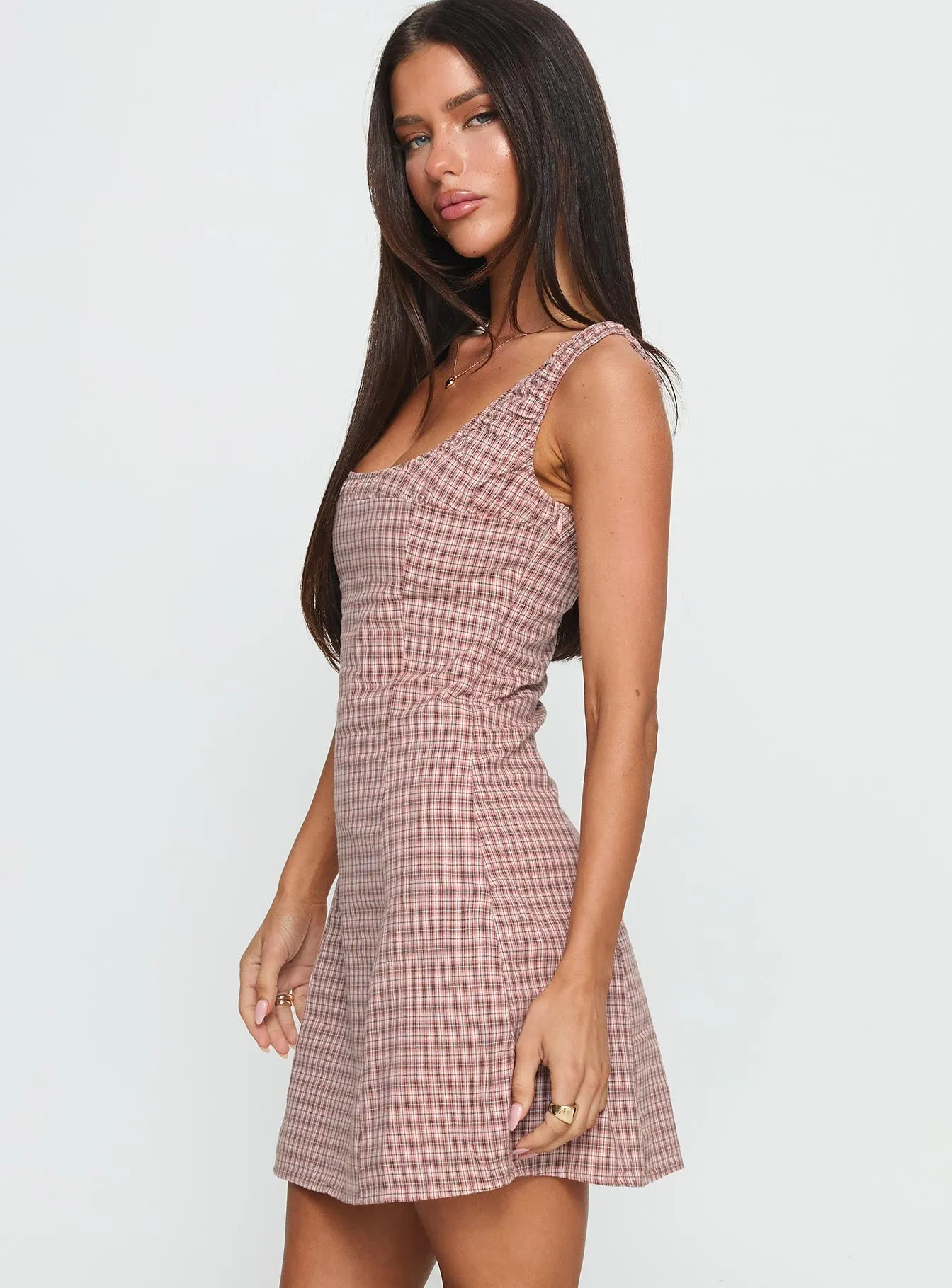 Denley Cinched Mini Dress Pink Check Light Reflective