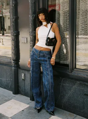 Popular Staple Foundation Piece Day Dream Mid Rise Straight Leg Jeans Dark Blue Wash
