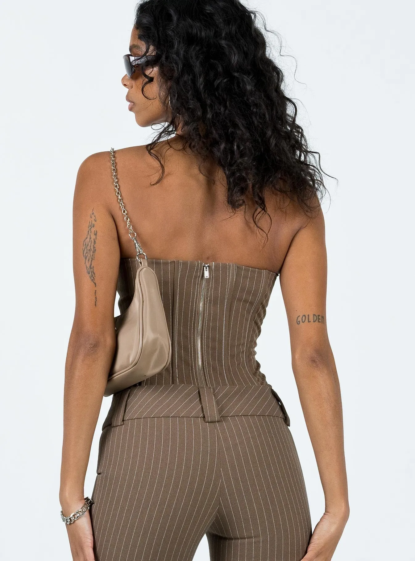 Kyana Corset Pinstripe Brown Contrast Stitching