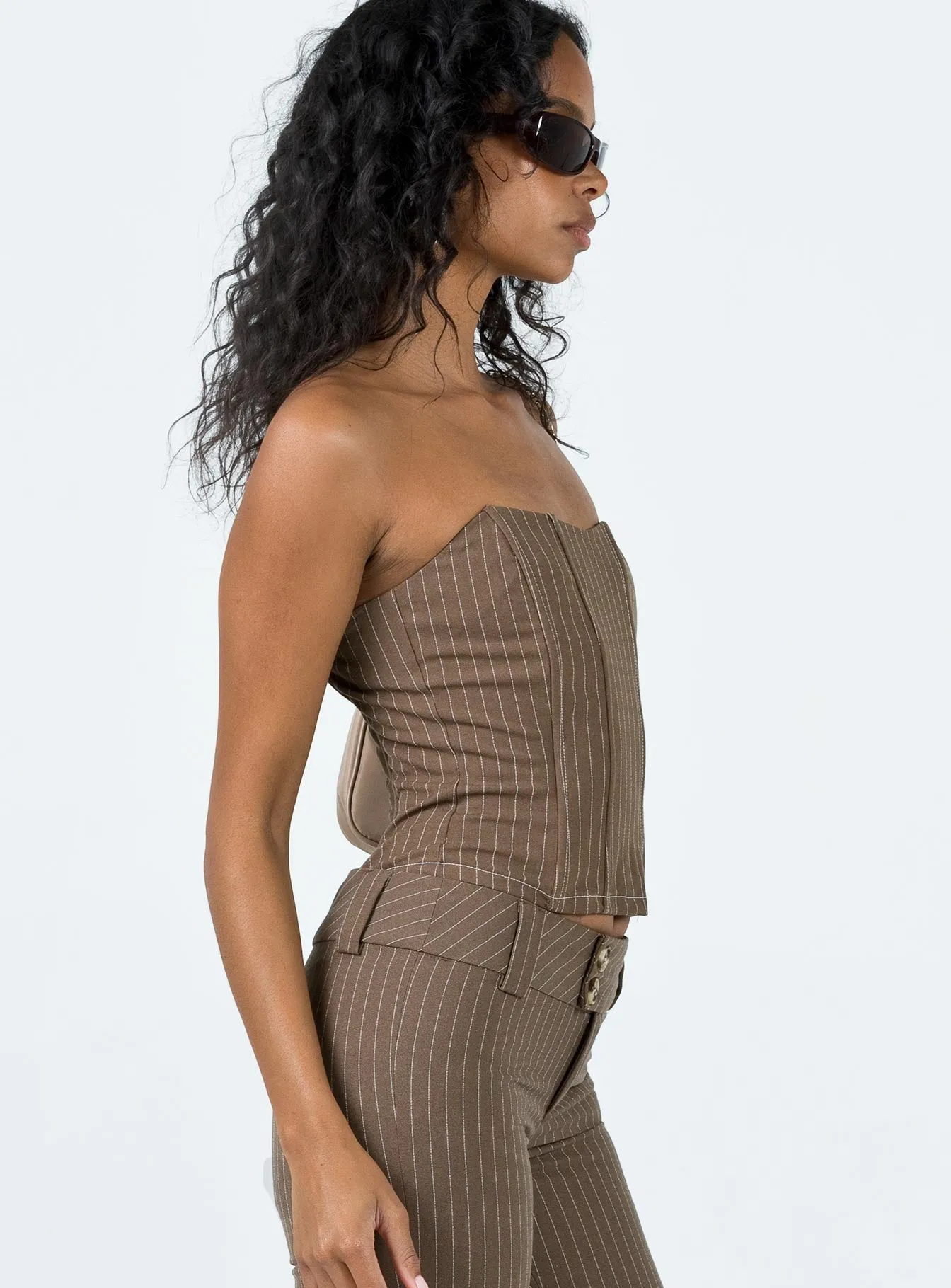 Kyana Corset Pinstripe Brown Adjustable Hem Cuff