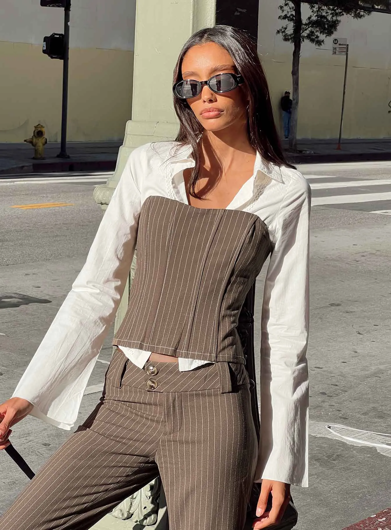 YarnDyeStripe Moisture Management Kyana Corset Pinstripe Brown