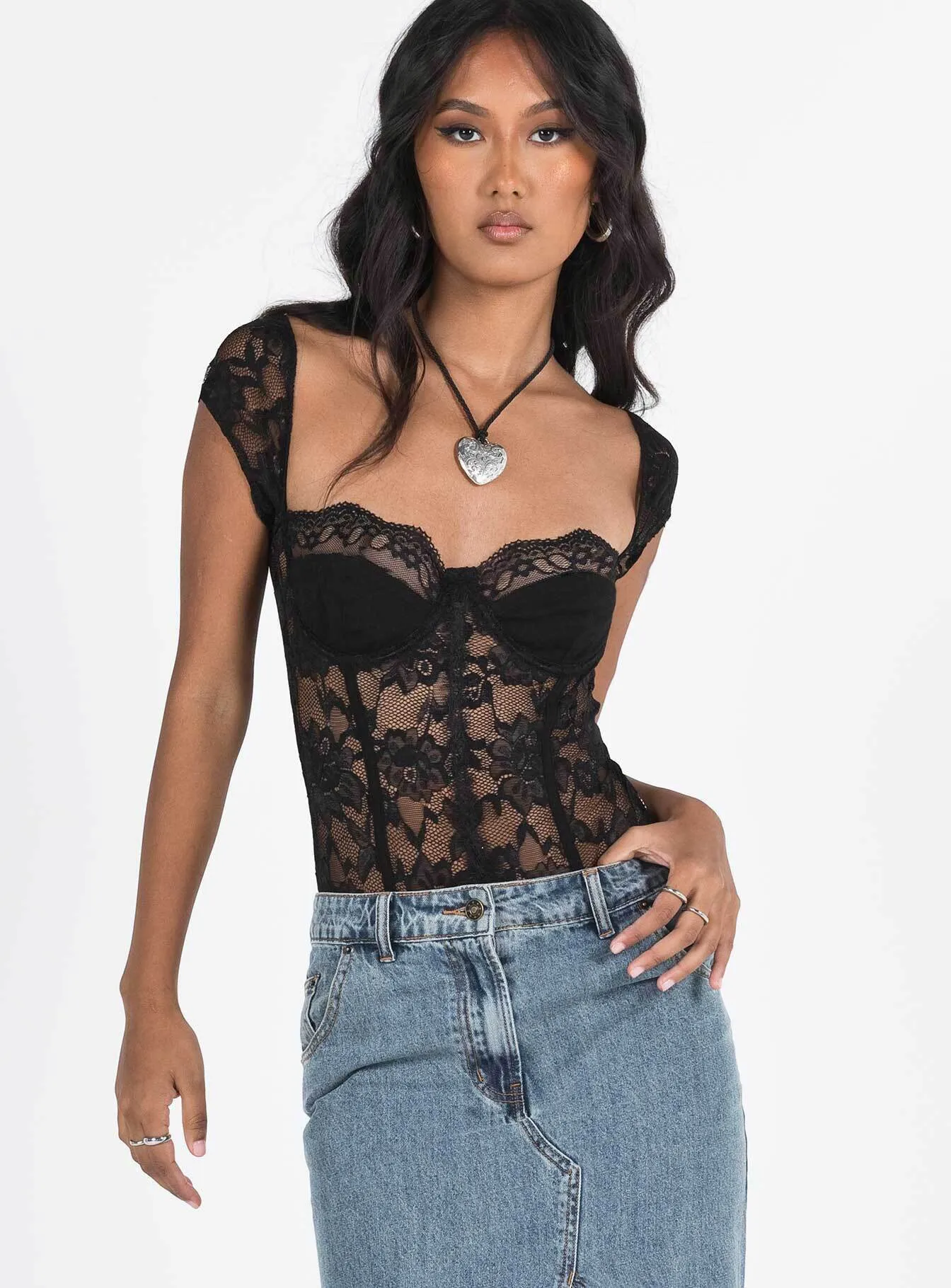 Home Holiday Cadrot Lace Bodysuit Black