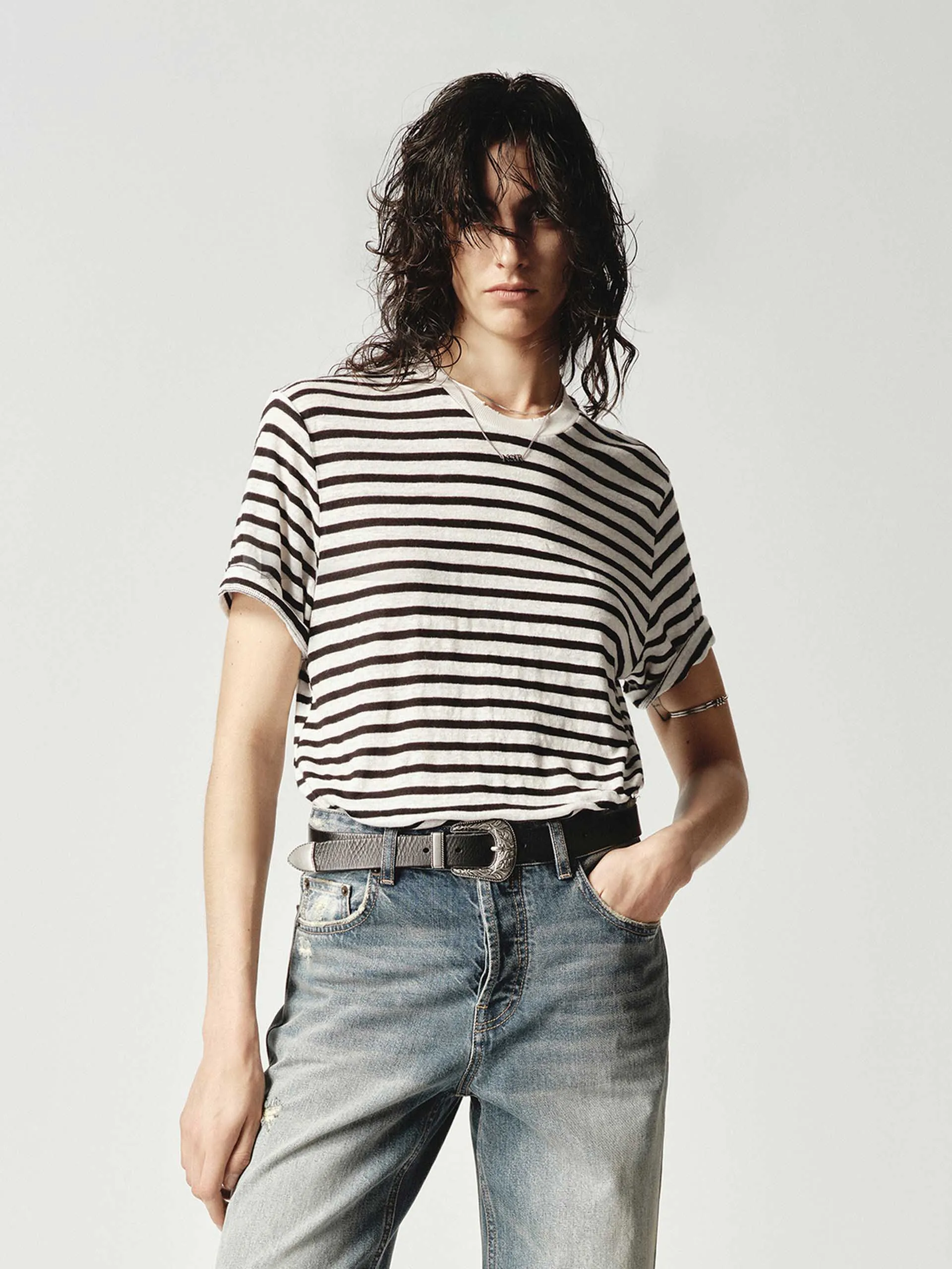 Sleek Layer Stylish Linen Blend Striped T-shirt