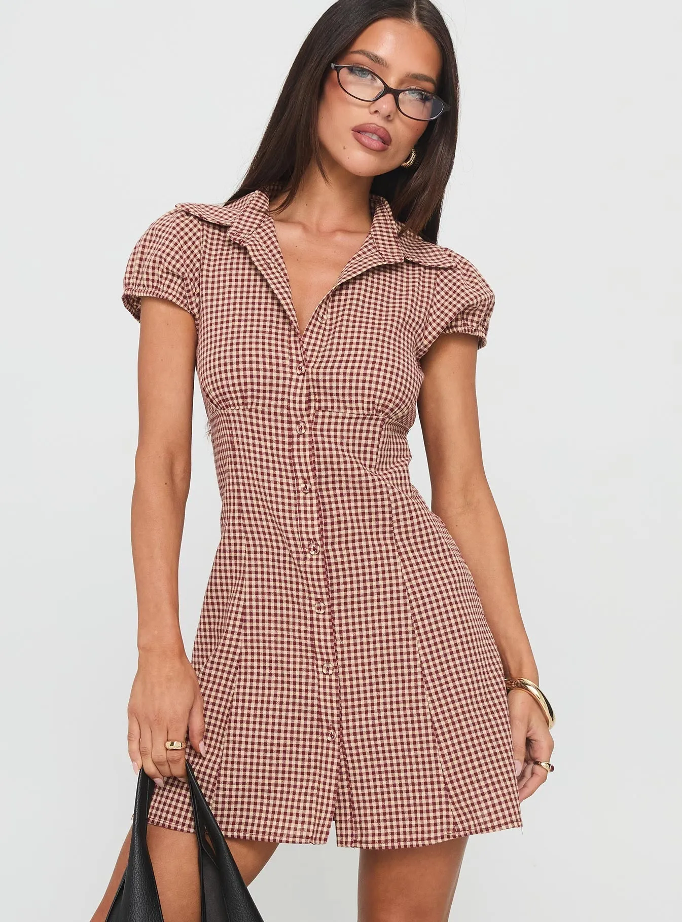Kavira Tie Bust Shirt Dress Red Gingham Easy Wear Flash Hot