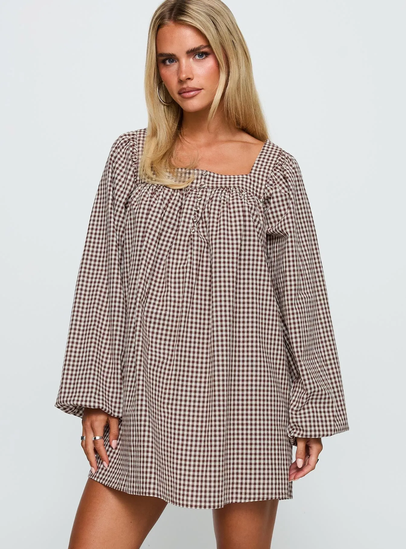 Street Icon Lilibet Long Sleeve Mini Dress Brown Check