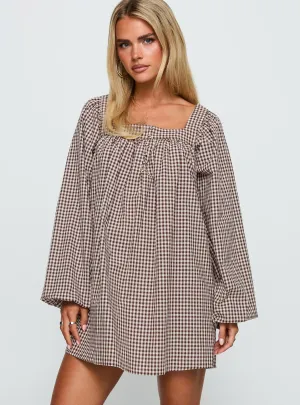 Street Icon Lilibet Long Sleeve Mini Dress Brown Check