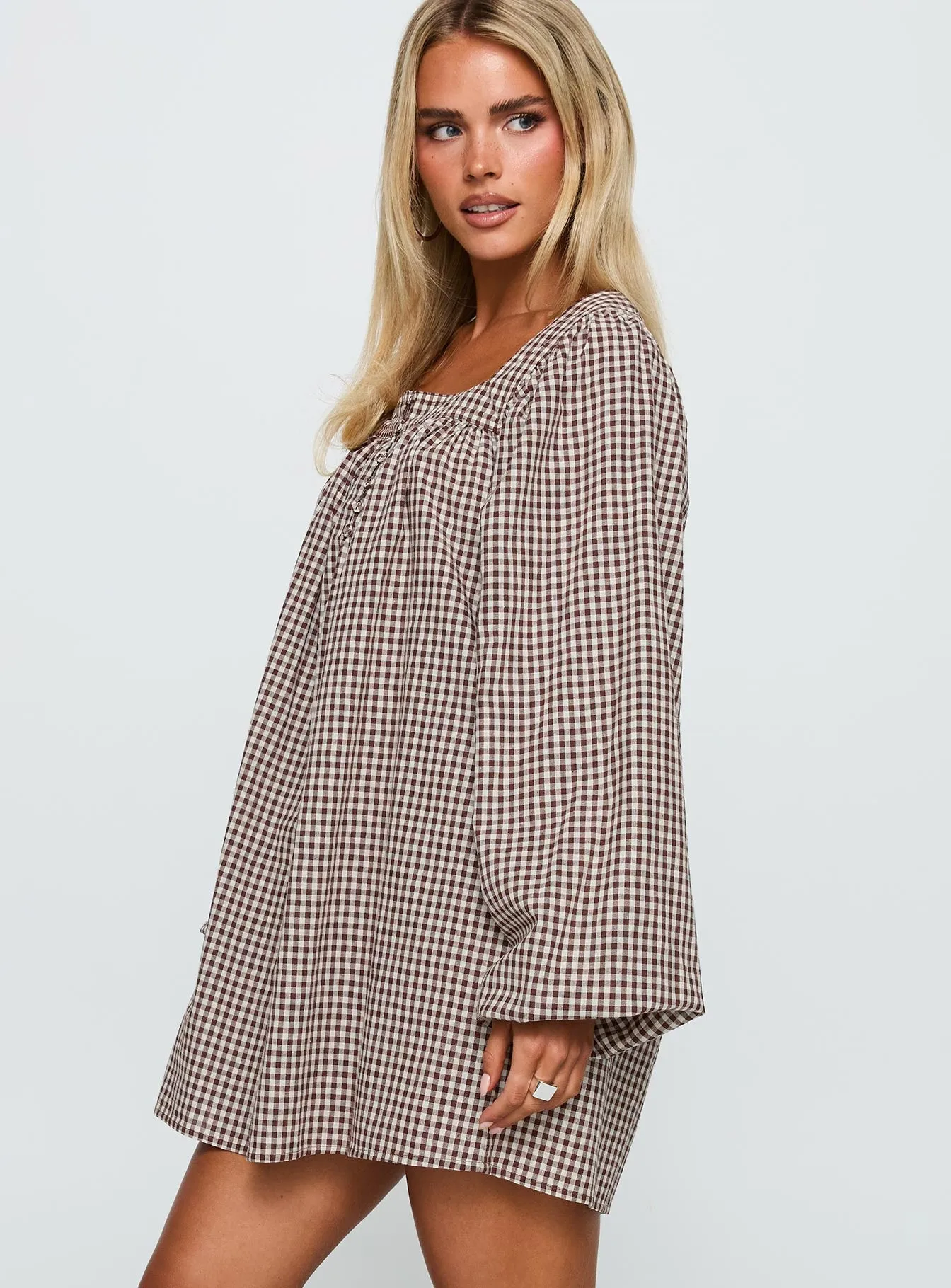 Lilibet Long Sleeve Mini Dress Brown Check Fresh Look Night Sparkle