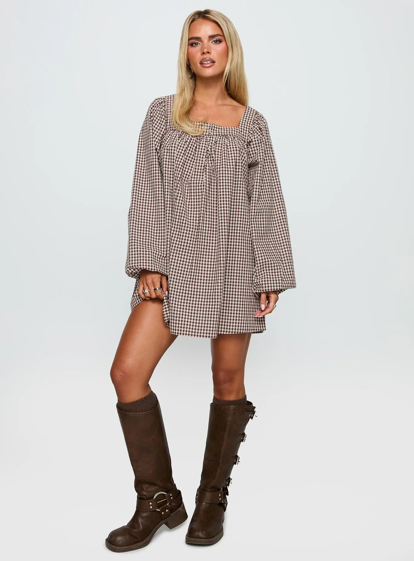 Lilibet Long Sleeve Mini Dress Brown Check Pop Warm Easy Wear