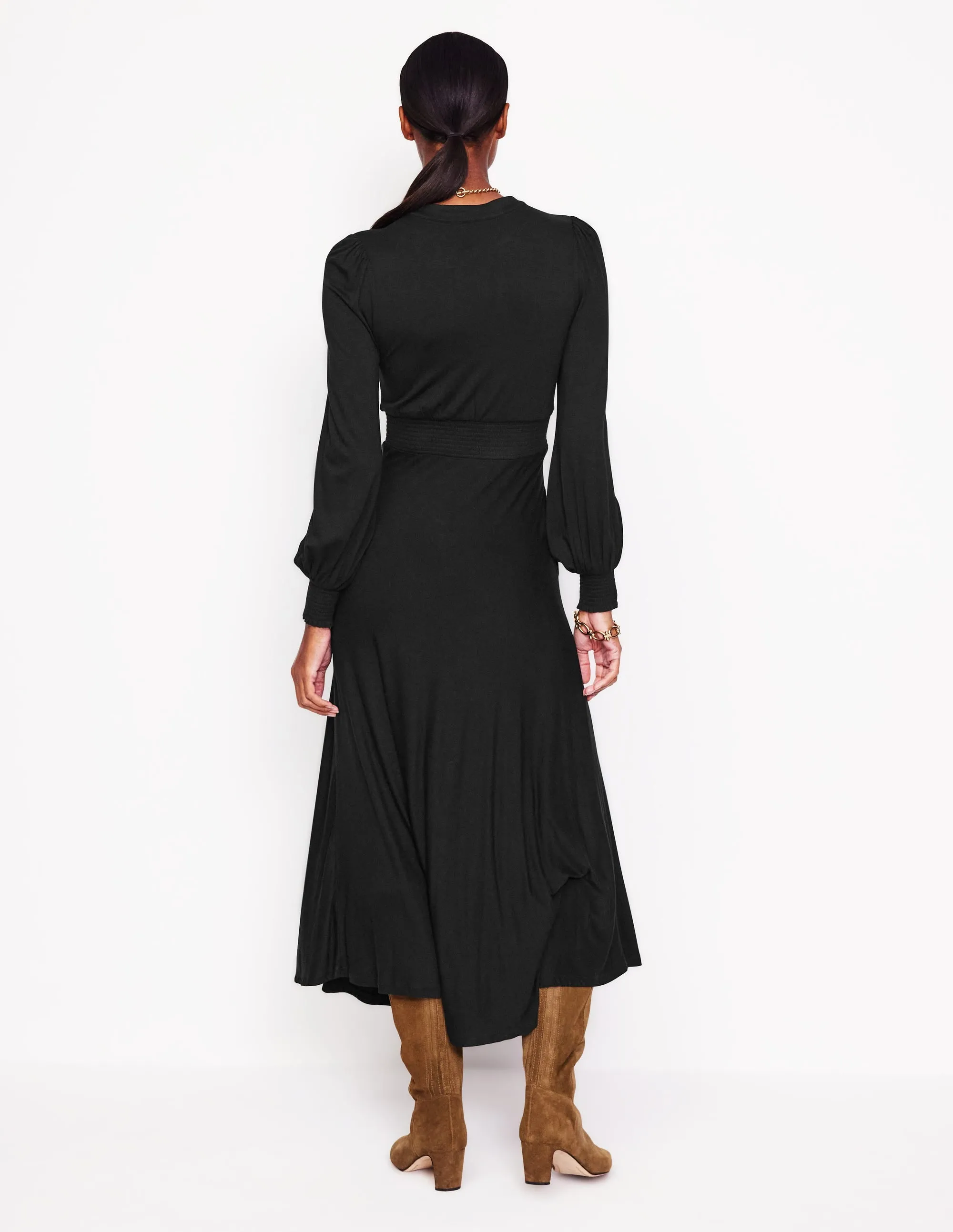 Ivy Smocked Midi Dress-Black Layering friendly