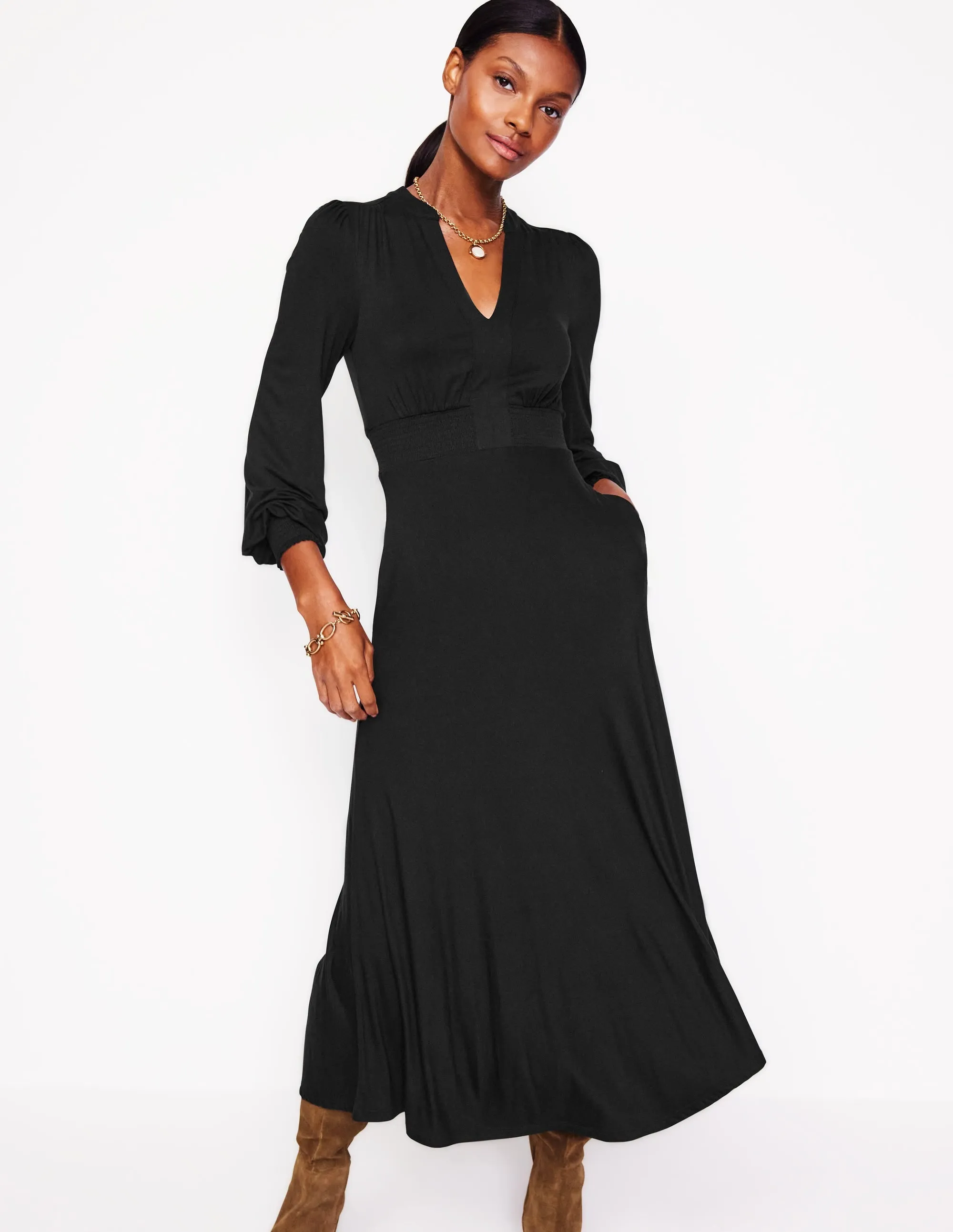 Ivy Smocked Midi Dress-Black Rain Safe