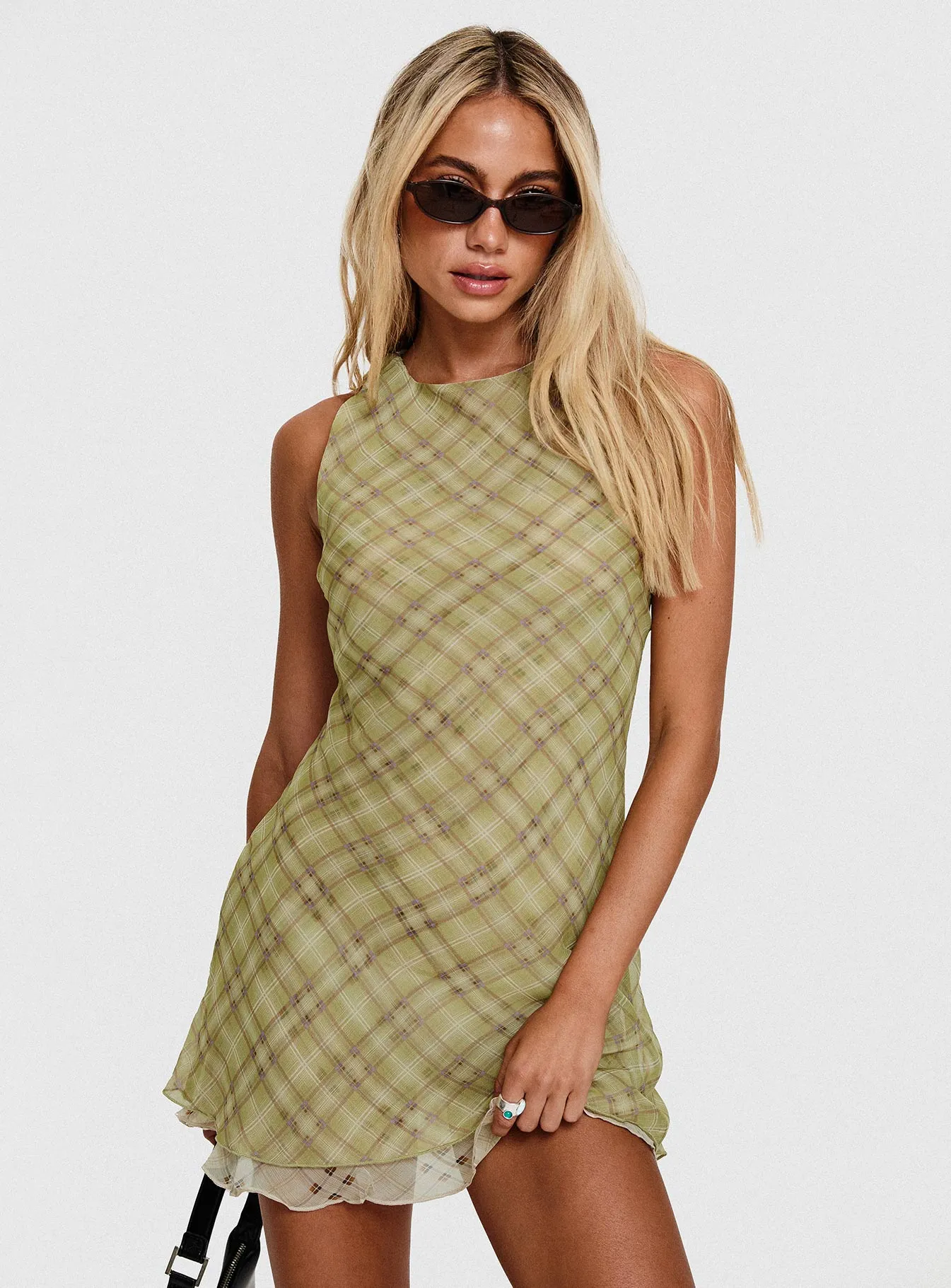 Buffie Shoulder Mini Dress Green Check Full Coverage Back Minimalist Closure