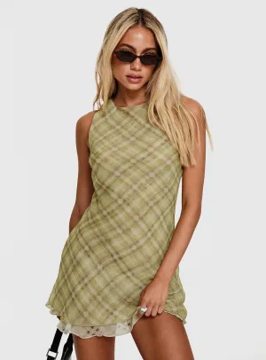 Buffie Shoulder Mini Dress Green Check Full Coverage Back Minimalist Closure