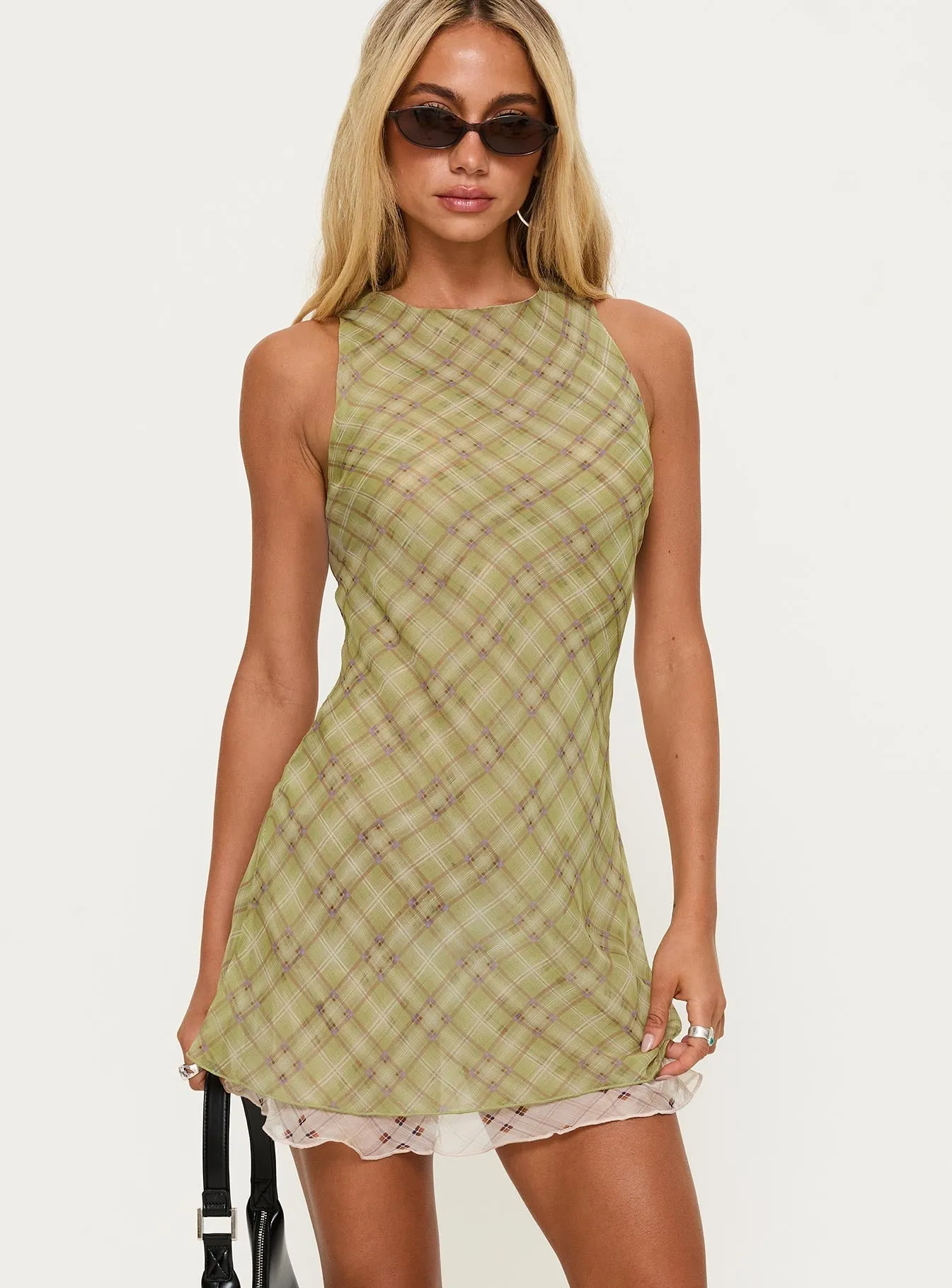 Relaxed mini for events Fun Look Buffie Shoulder Mini Dress Green Check