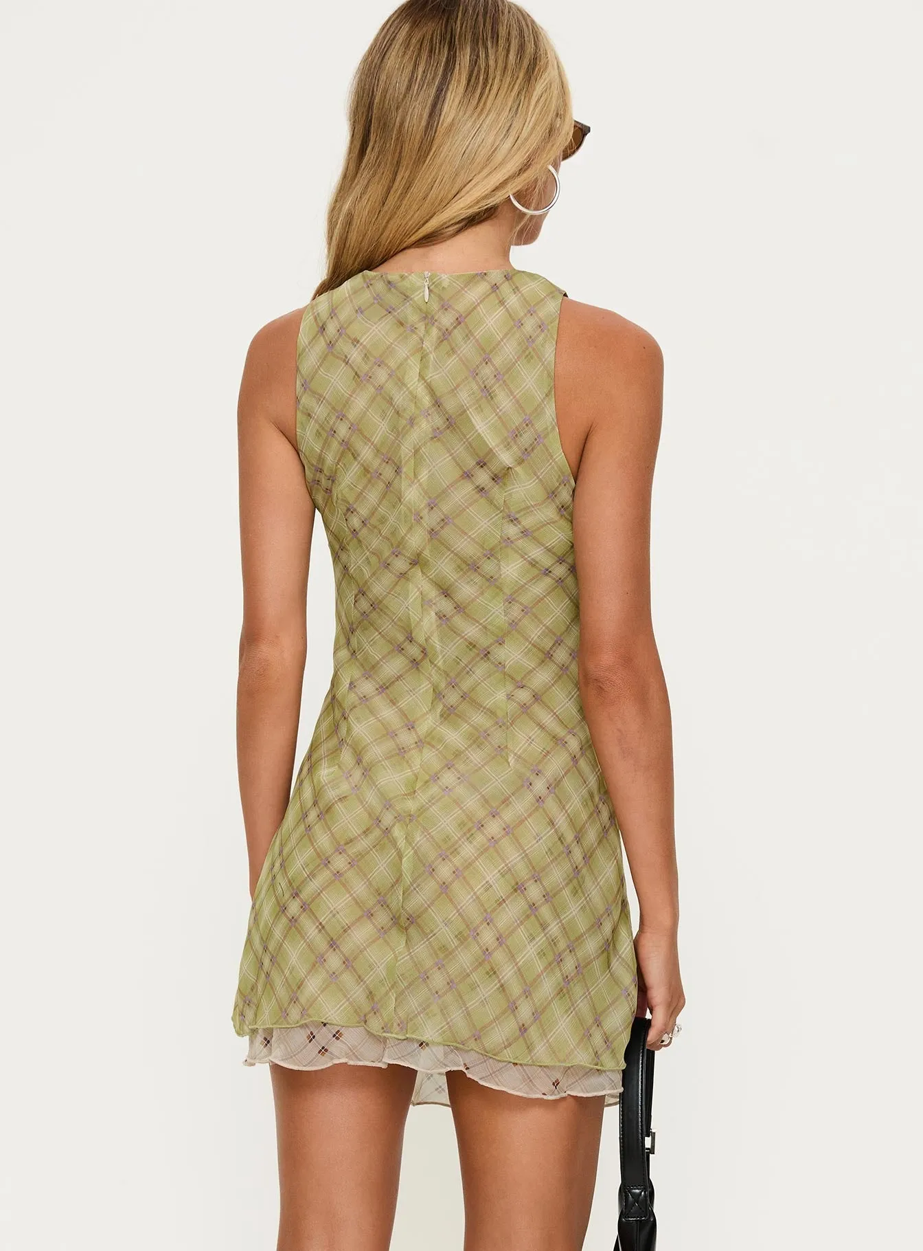 Buffie Shoulder Mini Dress Green Check City Star