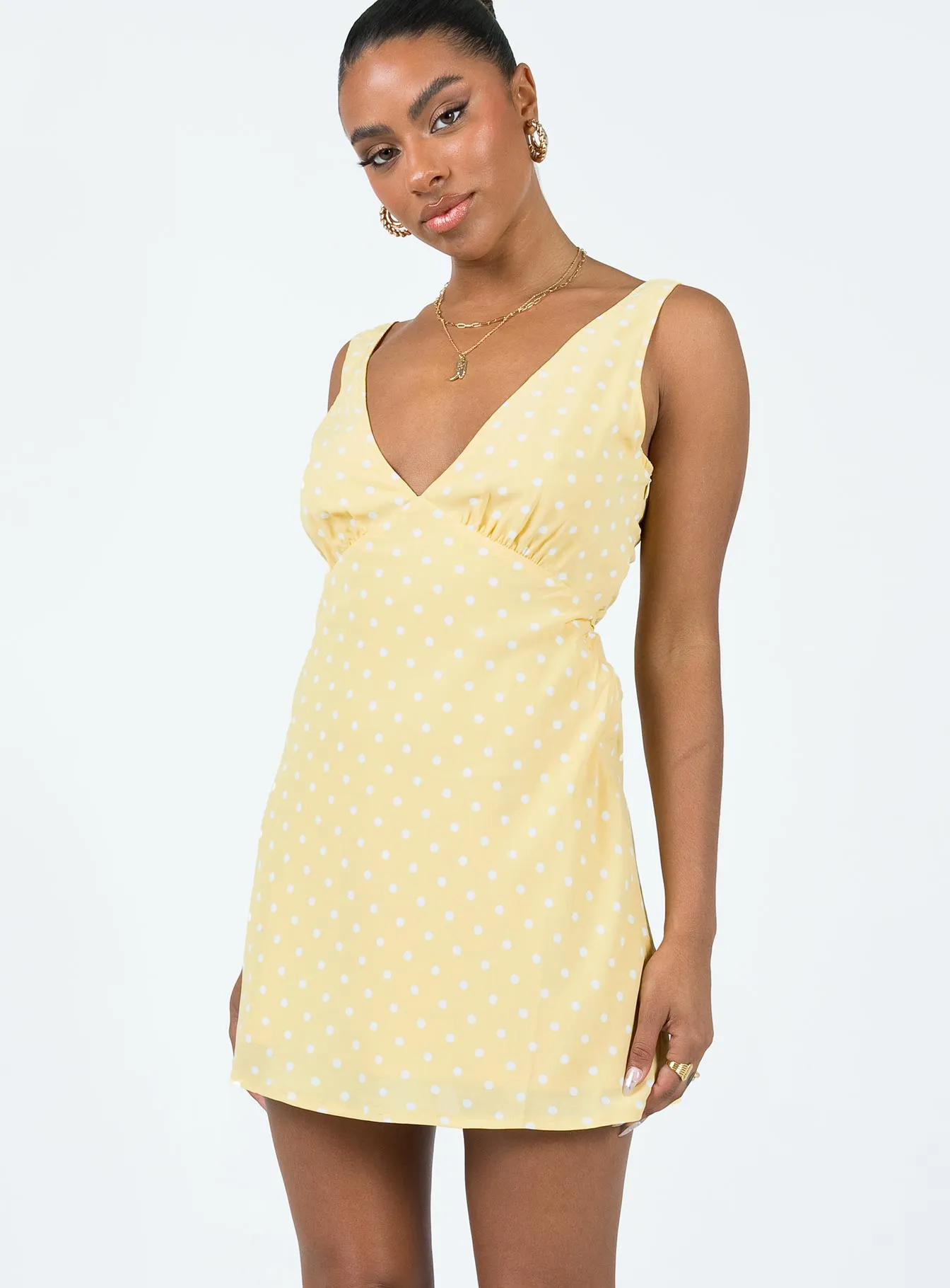 Nellie Mini Dress Yellow Polka Dot Gathered Waist Technique Fun Edge