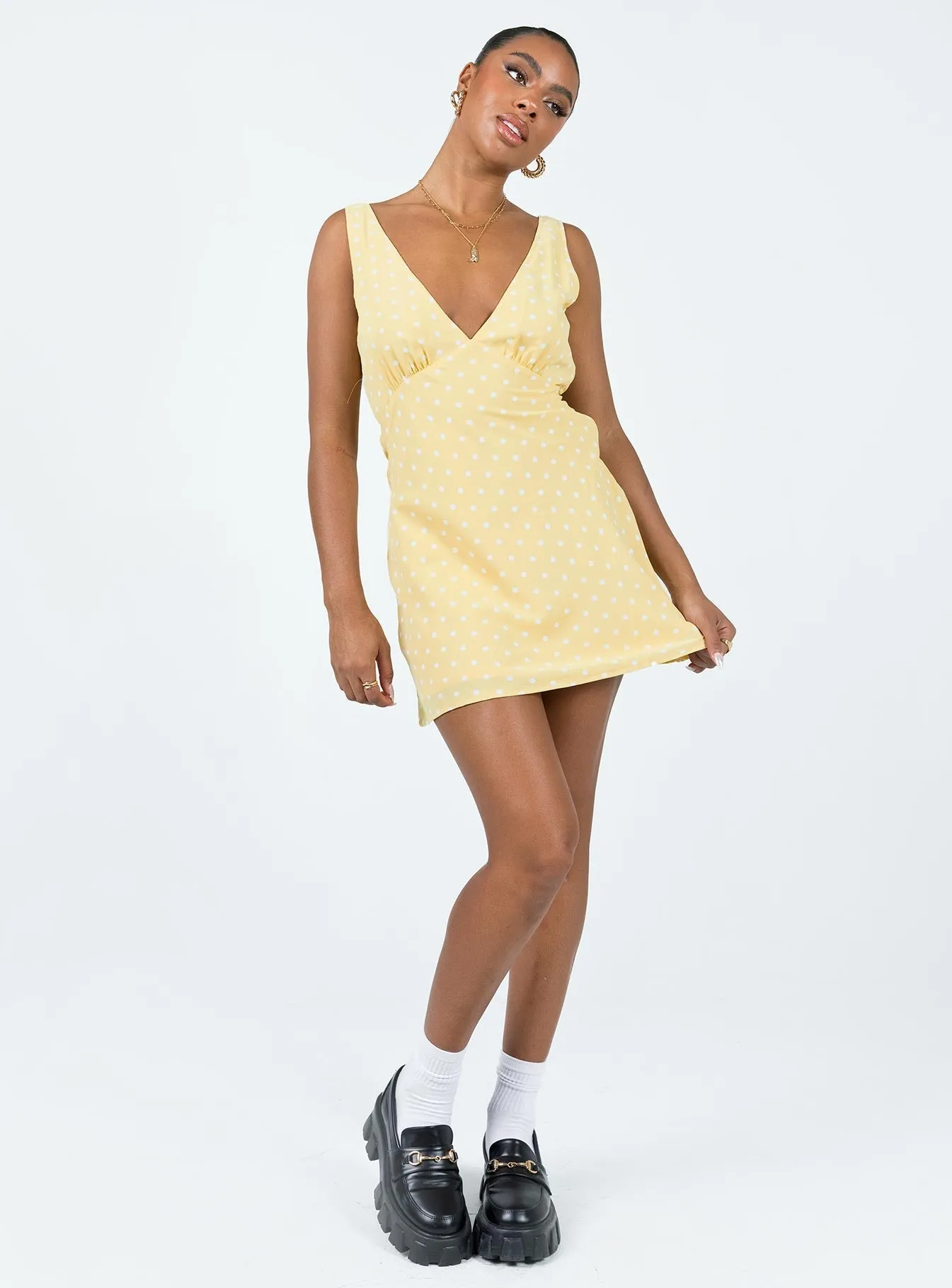 Nellie Mini Dress Yellow Polka Dot Slit Thigh Modification Comfortable day-to-night dress