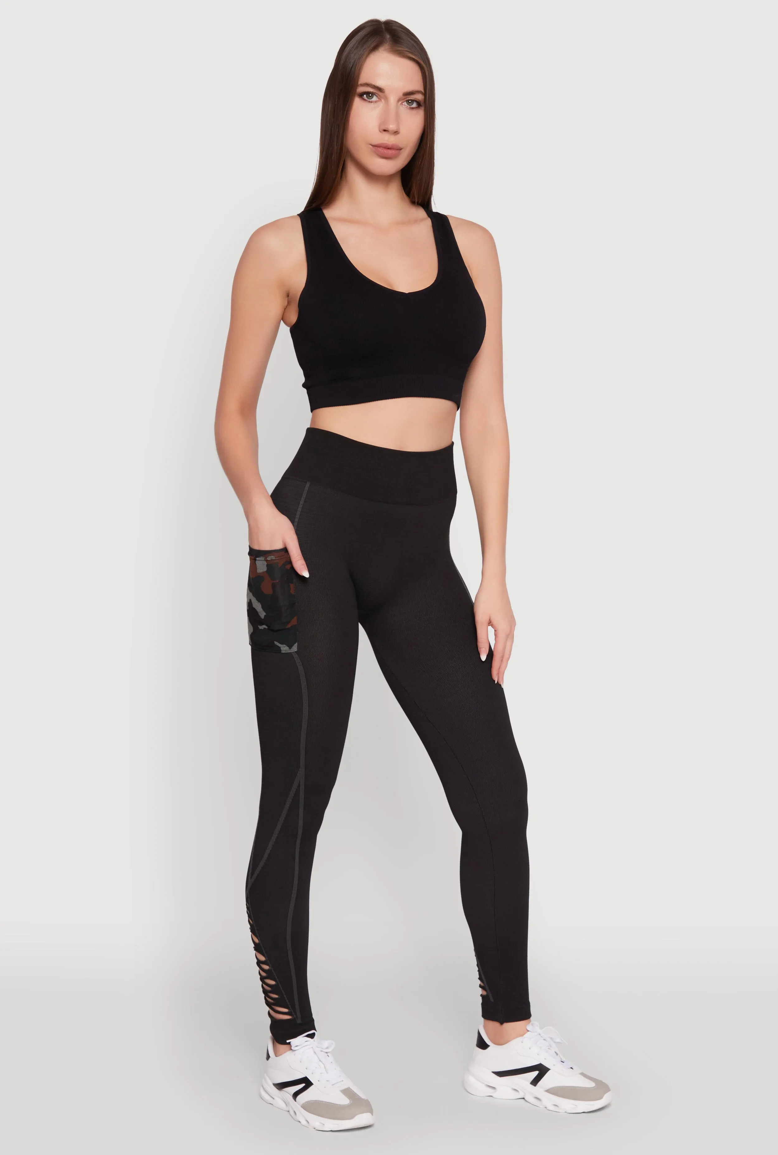 Flattering Cut Trendy High Waisted Camo Pocket Laser Cut Leggings