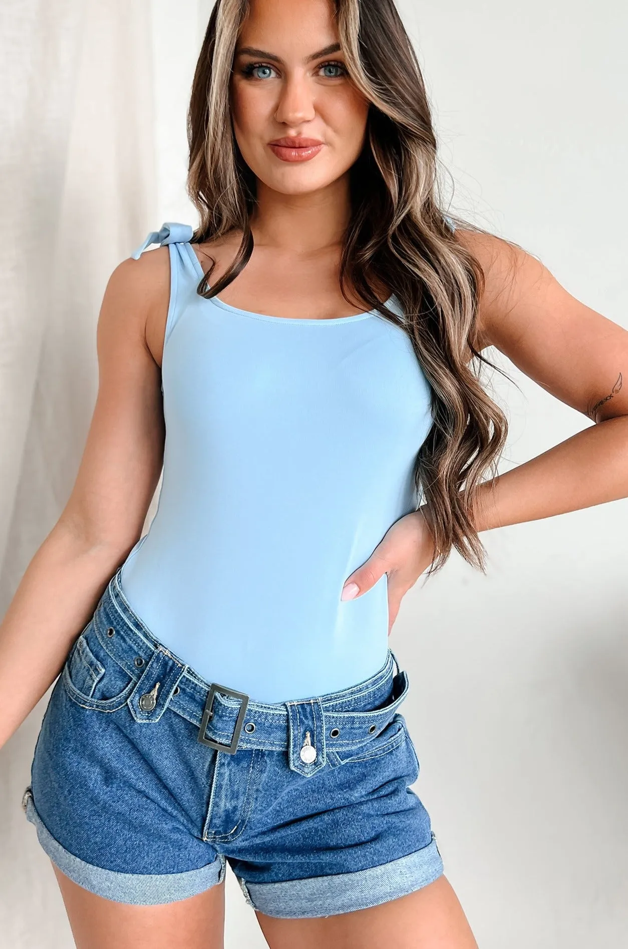 Layered Cut industrial park Born With Style Bow Detail Tank Bodysuit (Baby Blue)