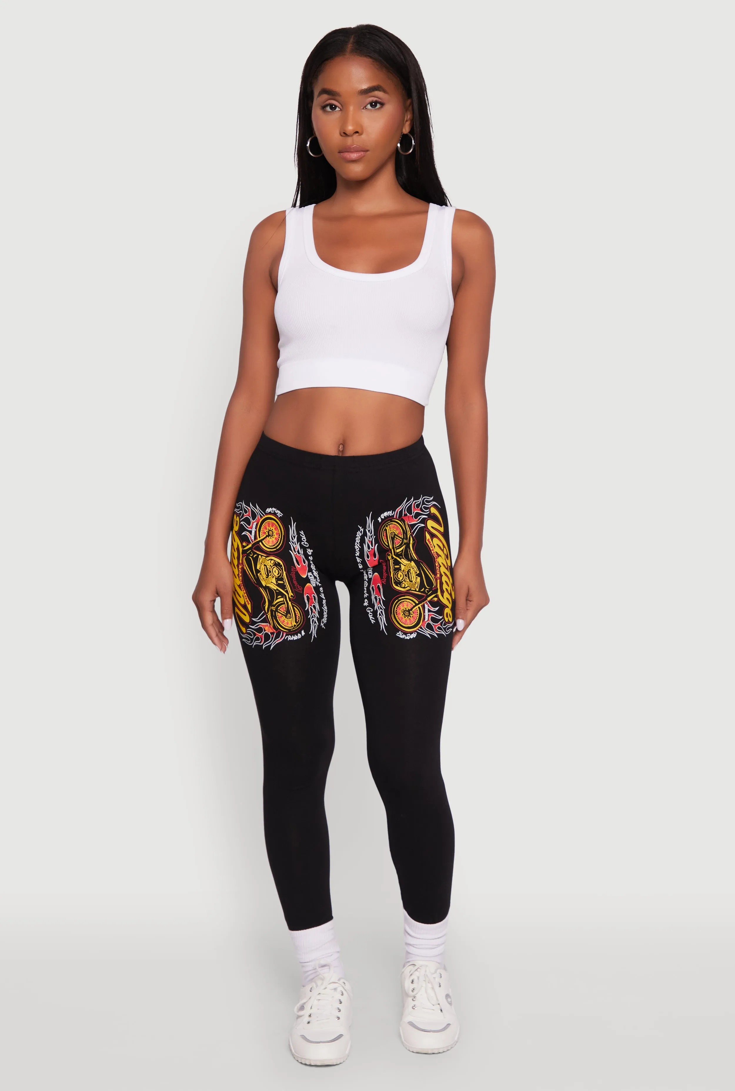 Stretch Recovery Fabric Lightweight Material Pilates Session Vintage Motorcycle Graphic Leggings
