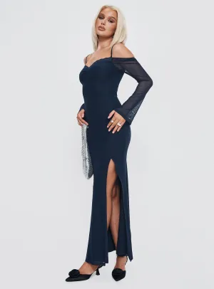 Tulle Flow Edmone Long Sleeve Maxi Dress Navy