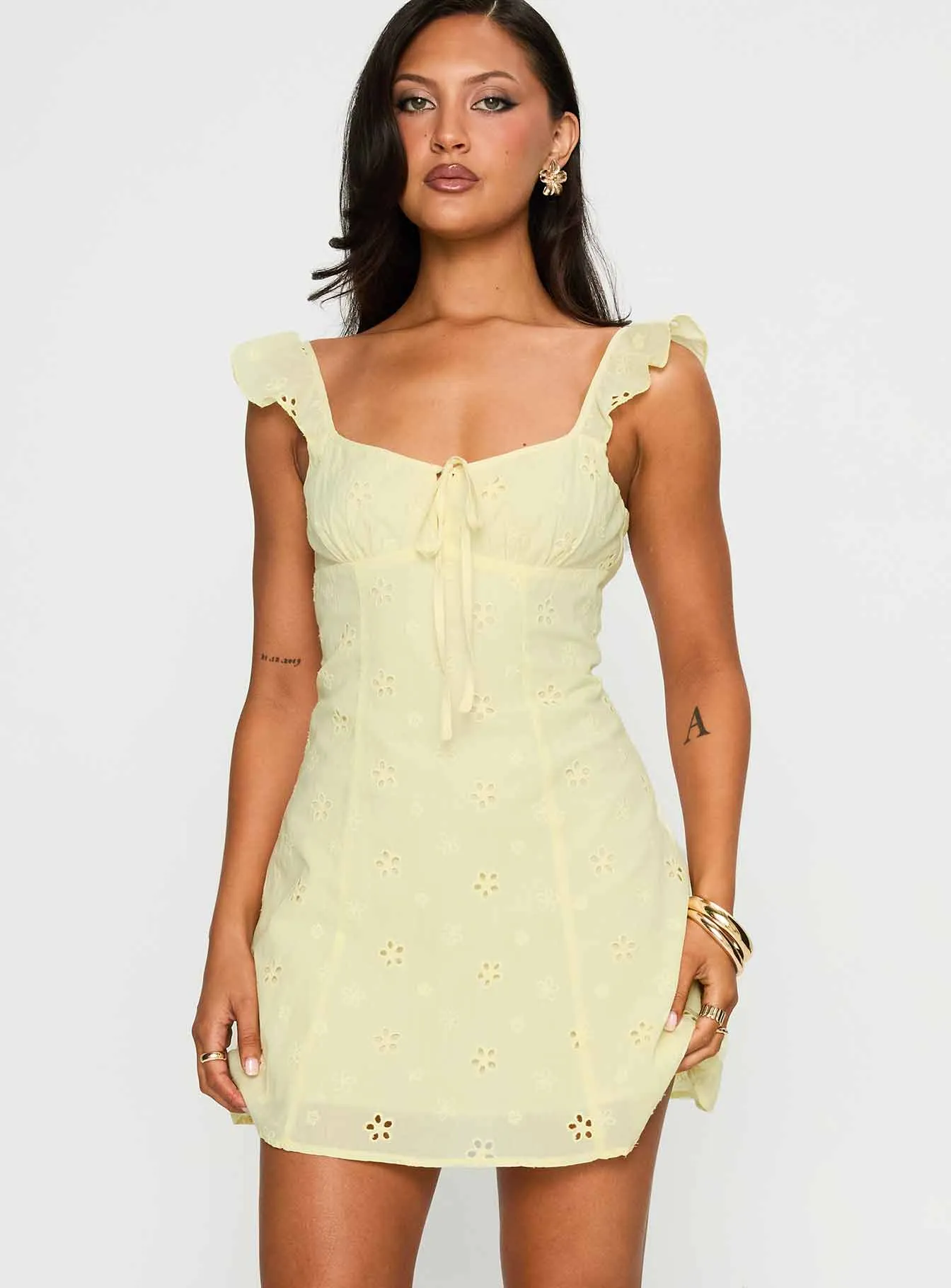 Sunbather Mini Dress Yellow Glam Power Layered Ruffle Accent