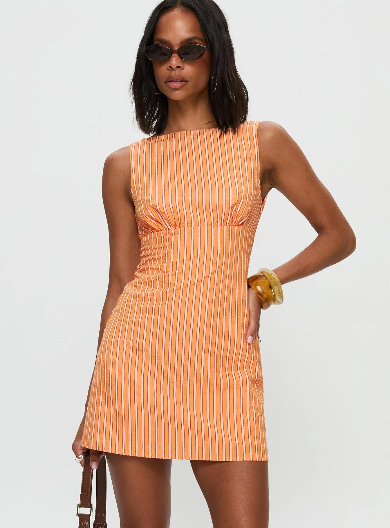 Ellesandra Boat Neck Mini Dress Orange Stripe Comfortable party dress Flexible Knit Structure