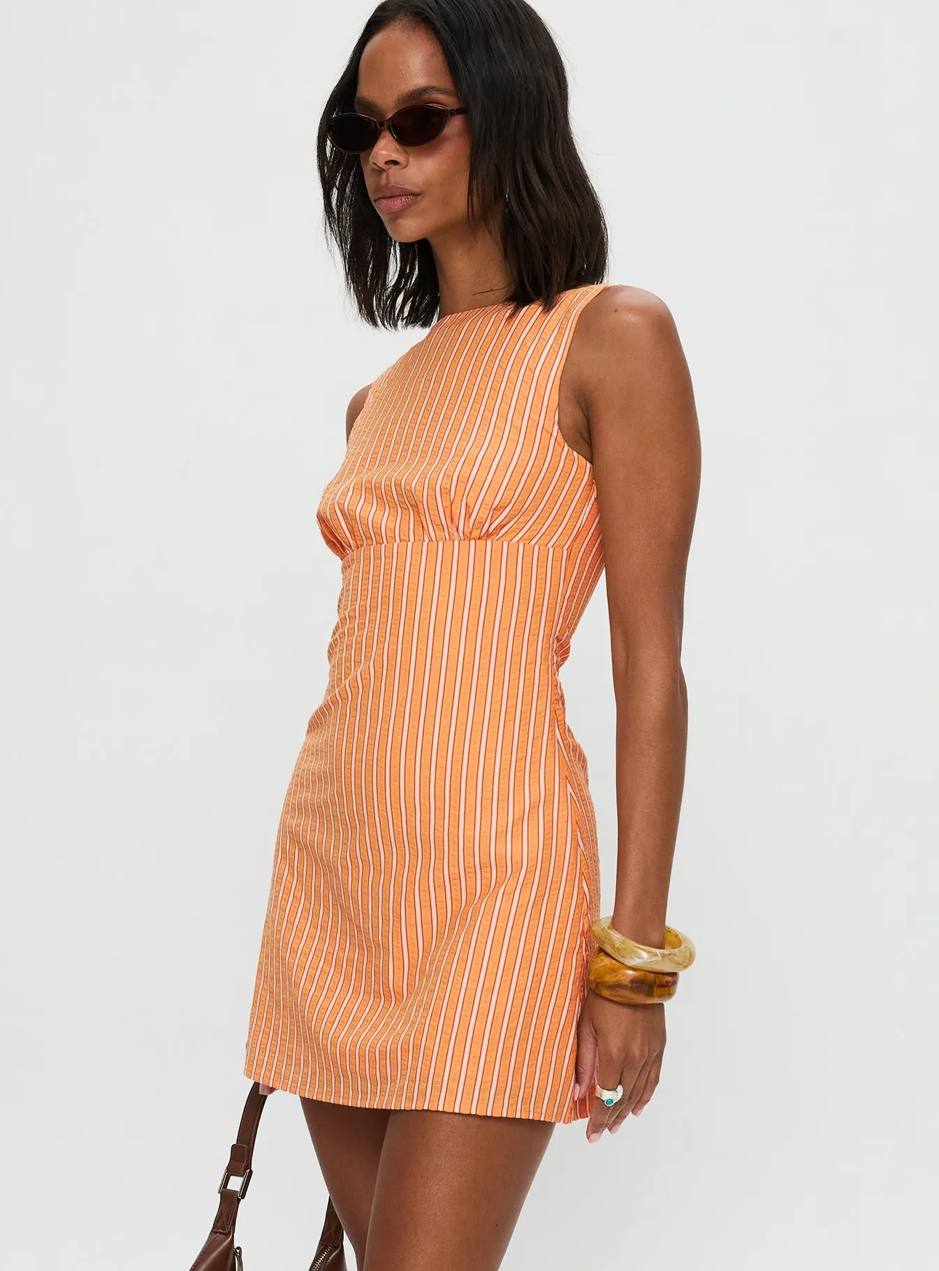 Glam Power Timeless playful piece Ellesandra Boat Neck Mini Dress Orange Stripe