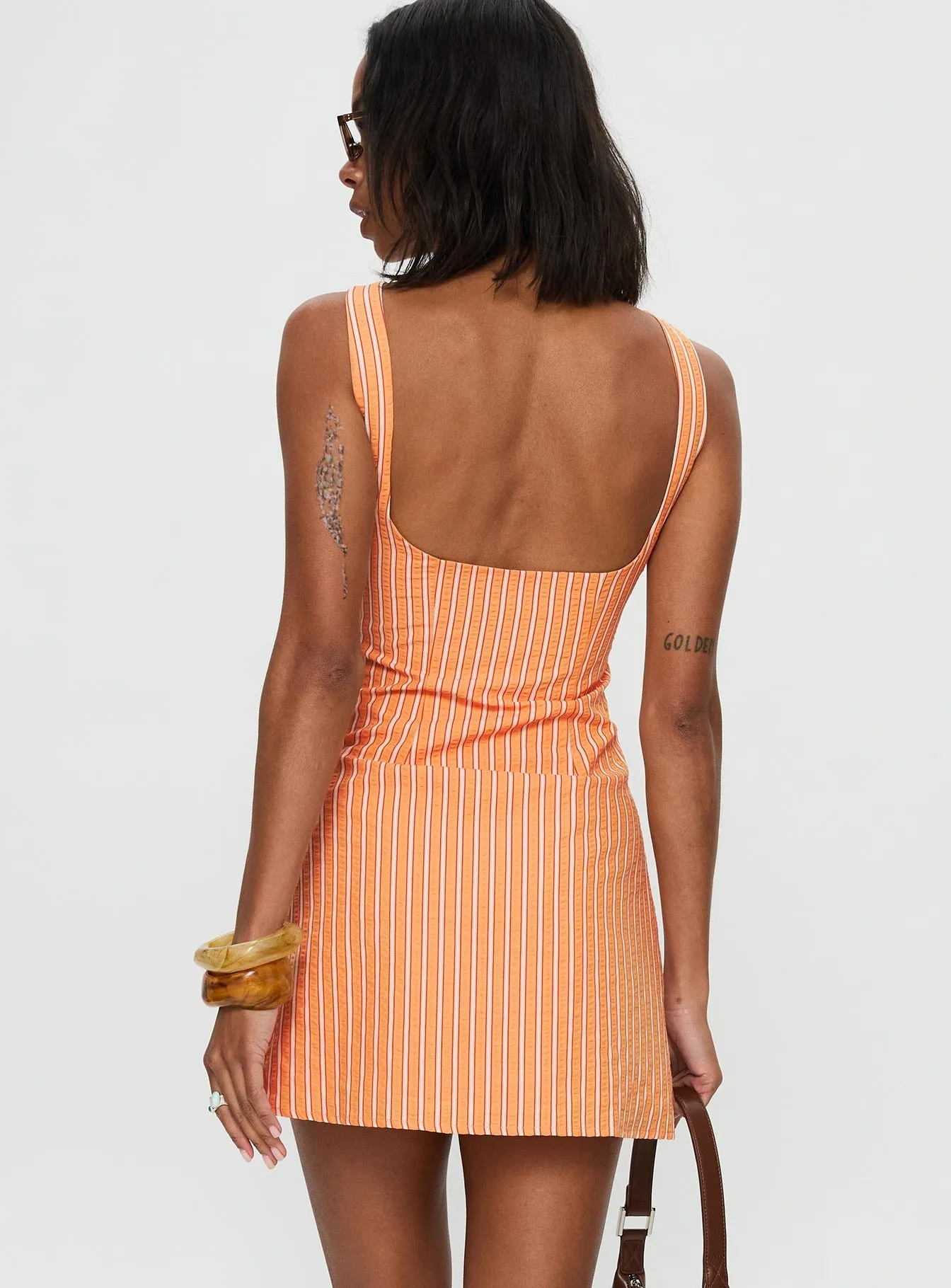 Ellesandra Boat Neck Mini Dress Orange Stripe Floral Appeal Zigzag Stitch Reinforcement