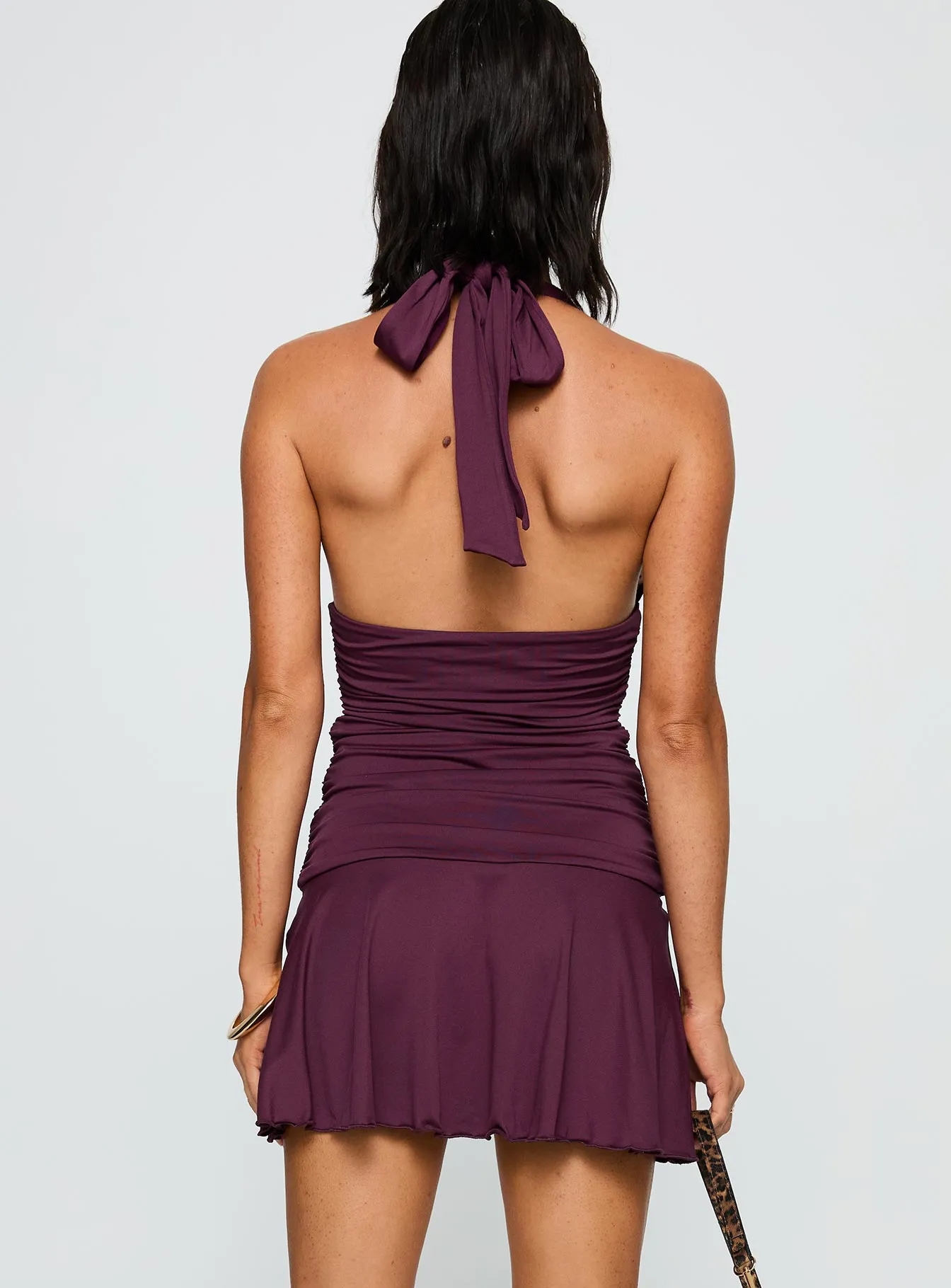 Versatile Layering Summer Wear Intrigue Halter Mini Dress Plum