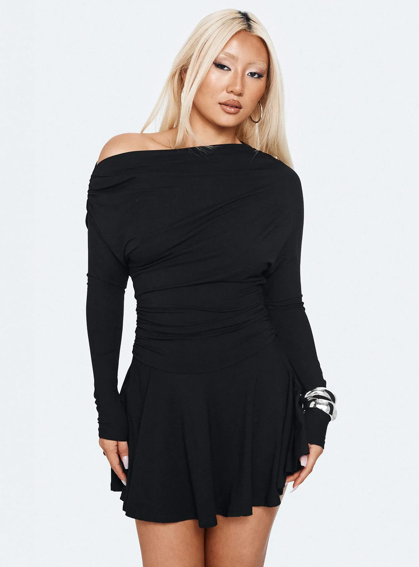 Bar Chic Smart Casual Style Keilana One Shoulder Long Sleeve Mini Dress Black