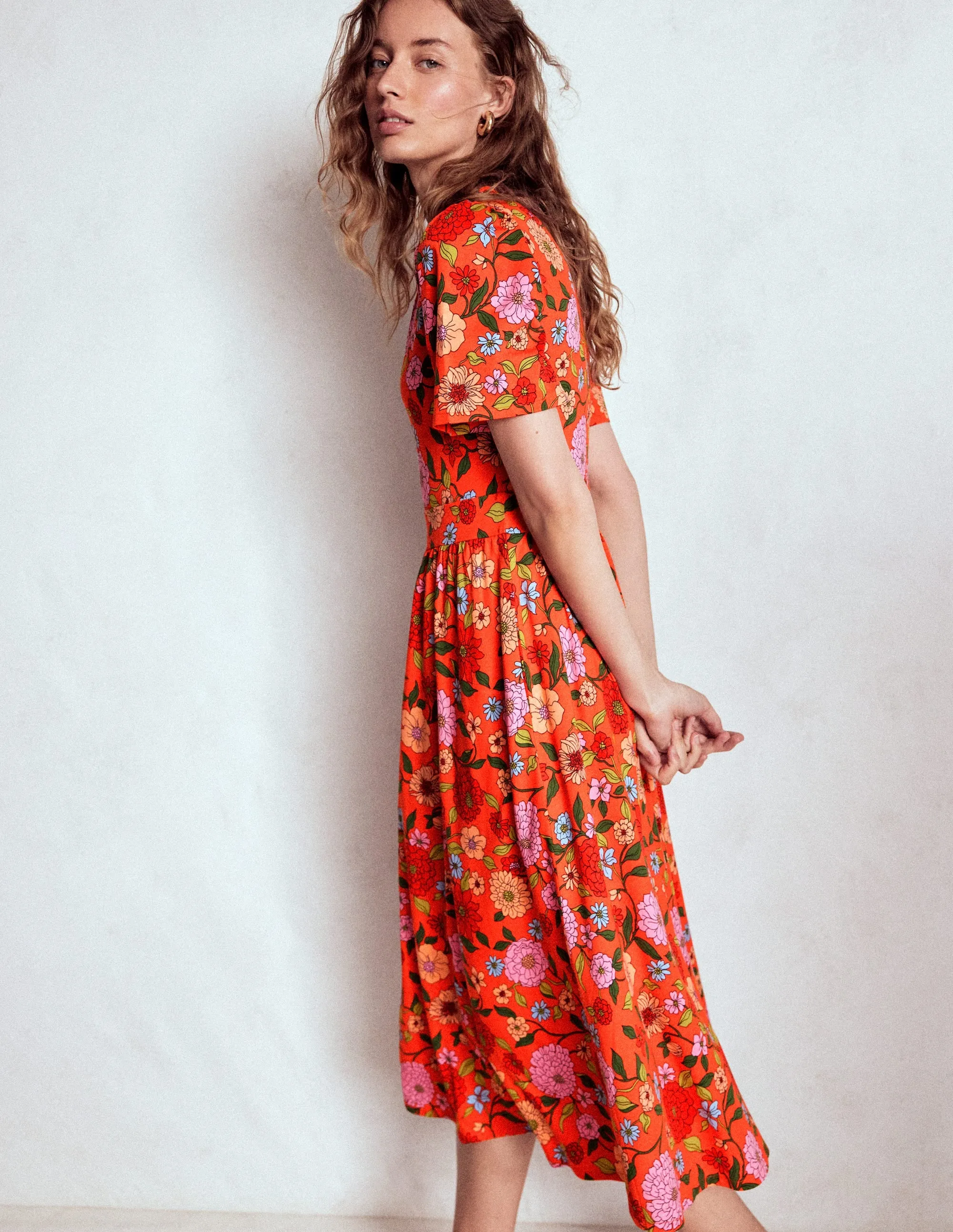 Stone Path Elegant Option Louisa Jersey Midi Dress-Firecracker Red, Dahlia Trail