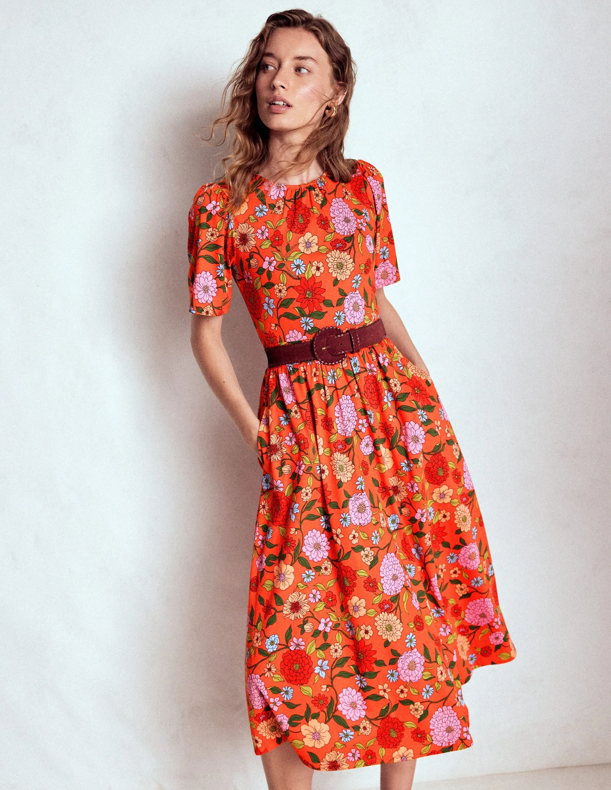 Parisian Touch Daily Glam Louisa Jersey Midi Dress-Firecracker Red, Dahlia Trail