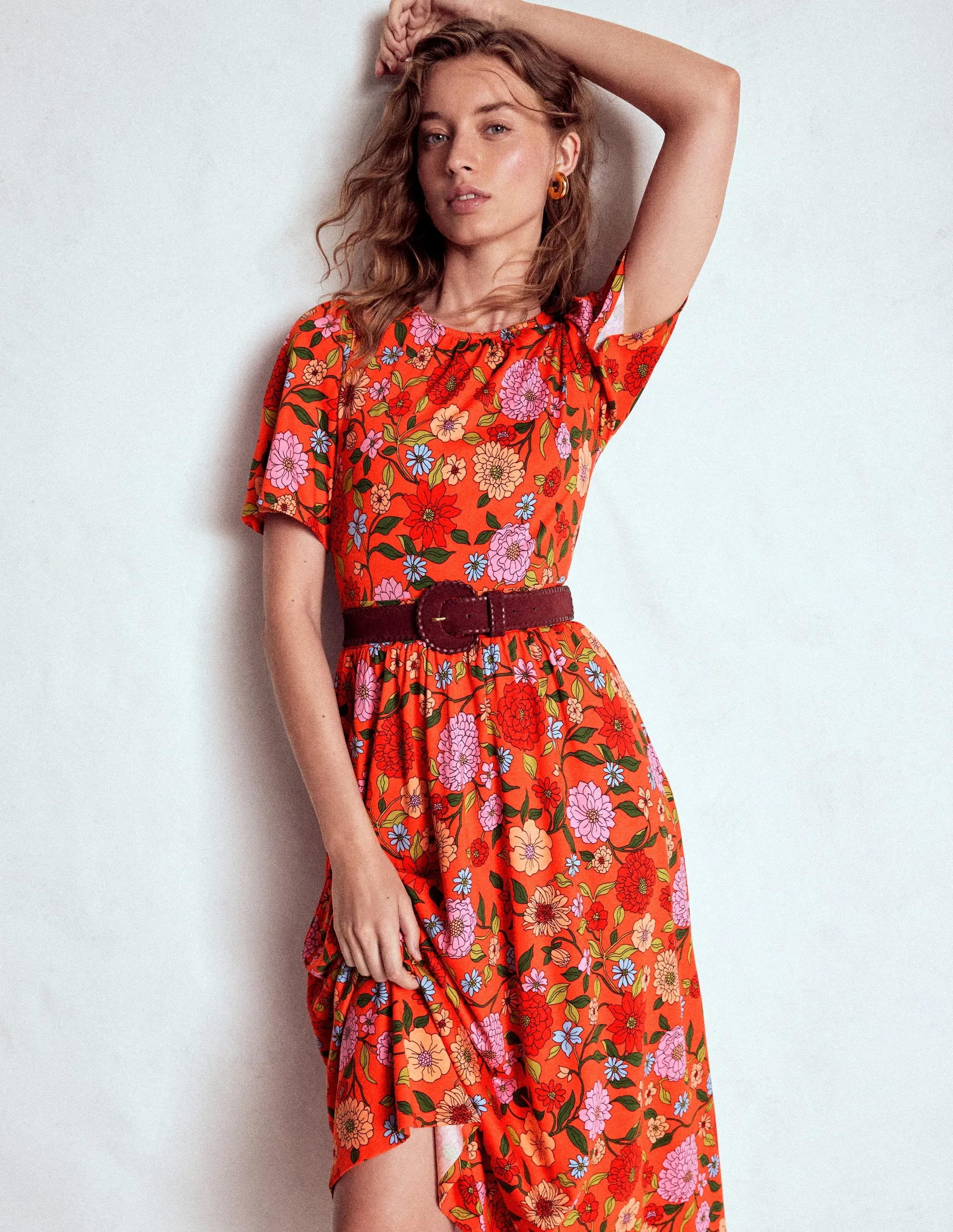 Comfort Fit Wood Scent Louisa Jersey Midi Dress-Firecracker Red, Dahlia Trail