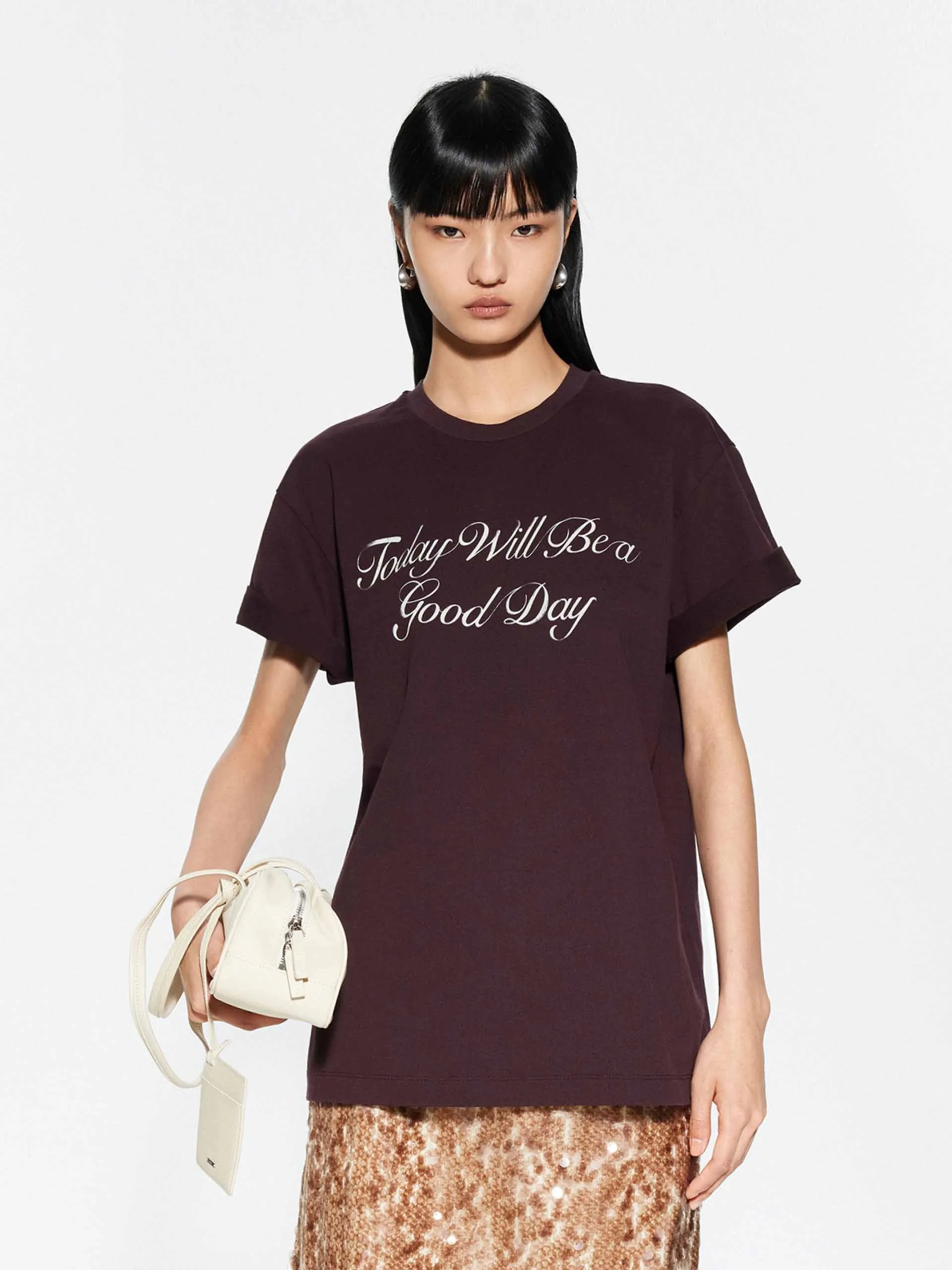 Letter Print Round Neck T-shirt Loose fitting comfort