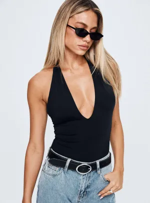 Holiday Vintage Travel Family Kendrae Plunge Halter Bodysuit Black