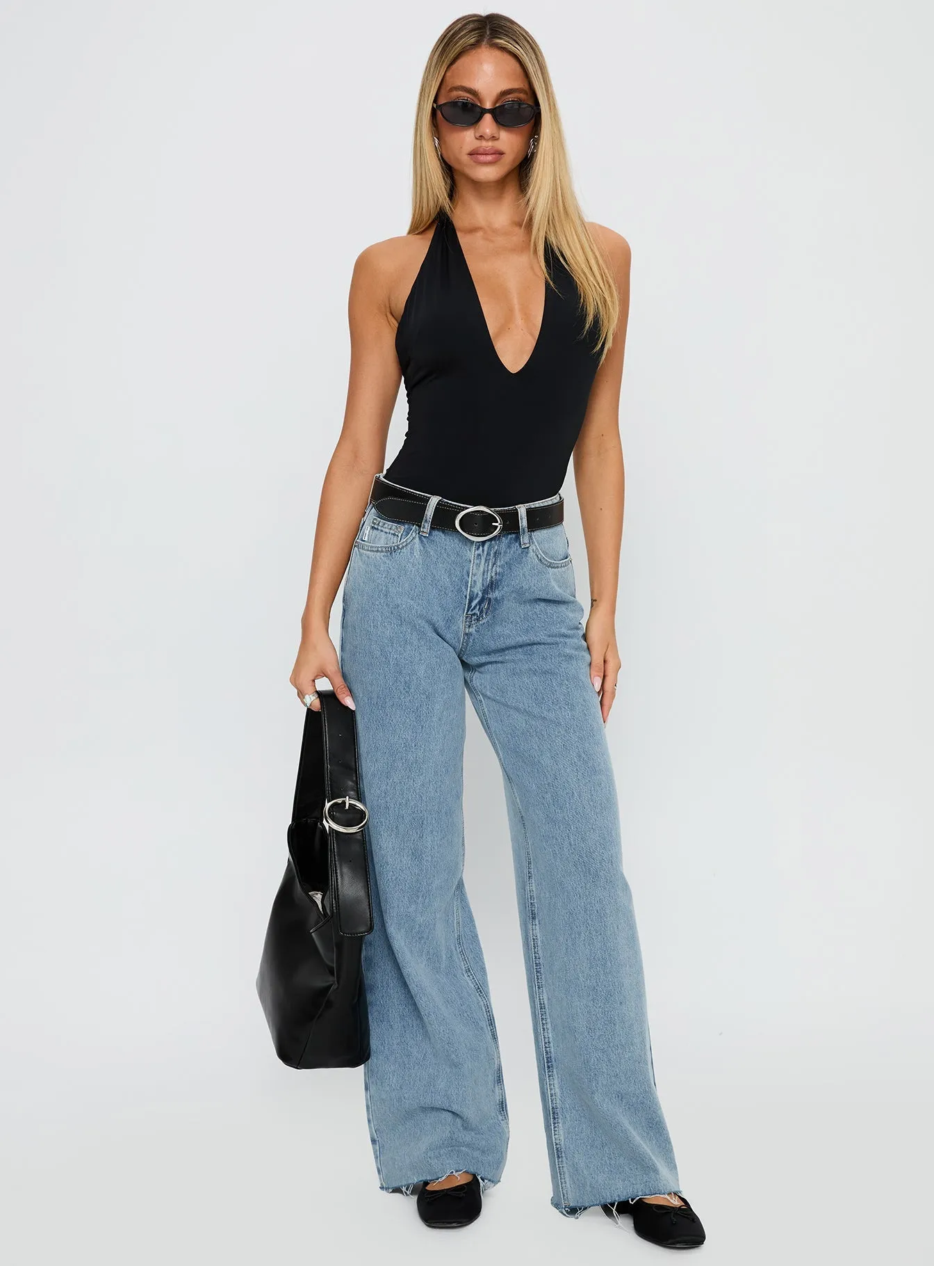 Kendrae Plunge Halter Bodysuit Black Loose Travel Dinner Date