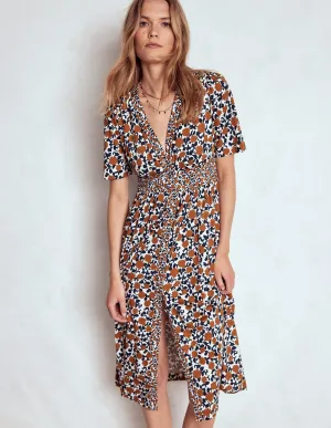 Natalia Jersey Tea Dress-Cognac, Floweret Vine Contemporary Style