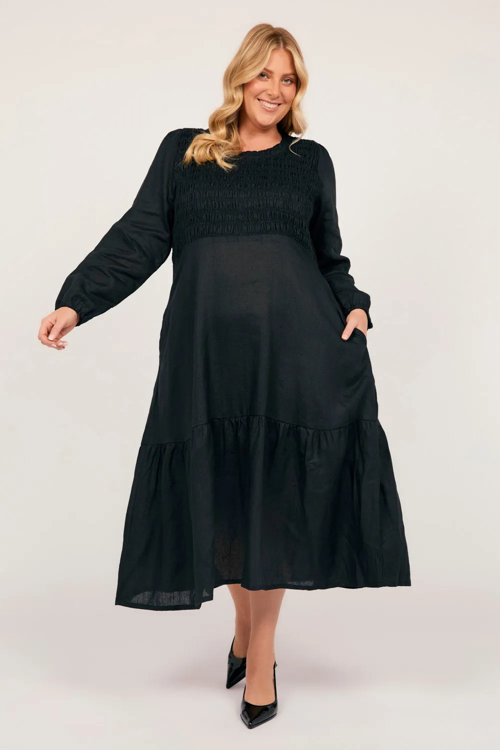 Minden Linen Long Sleeve Shirred Dress in Black Weekend Wear chic aesthetic