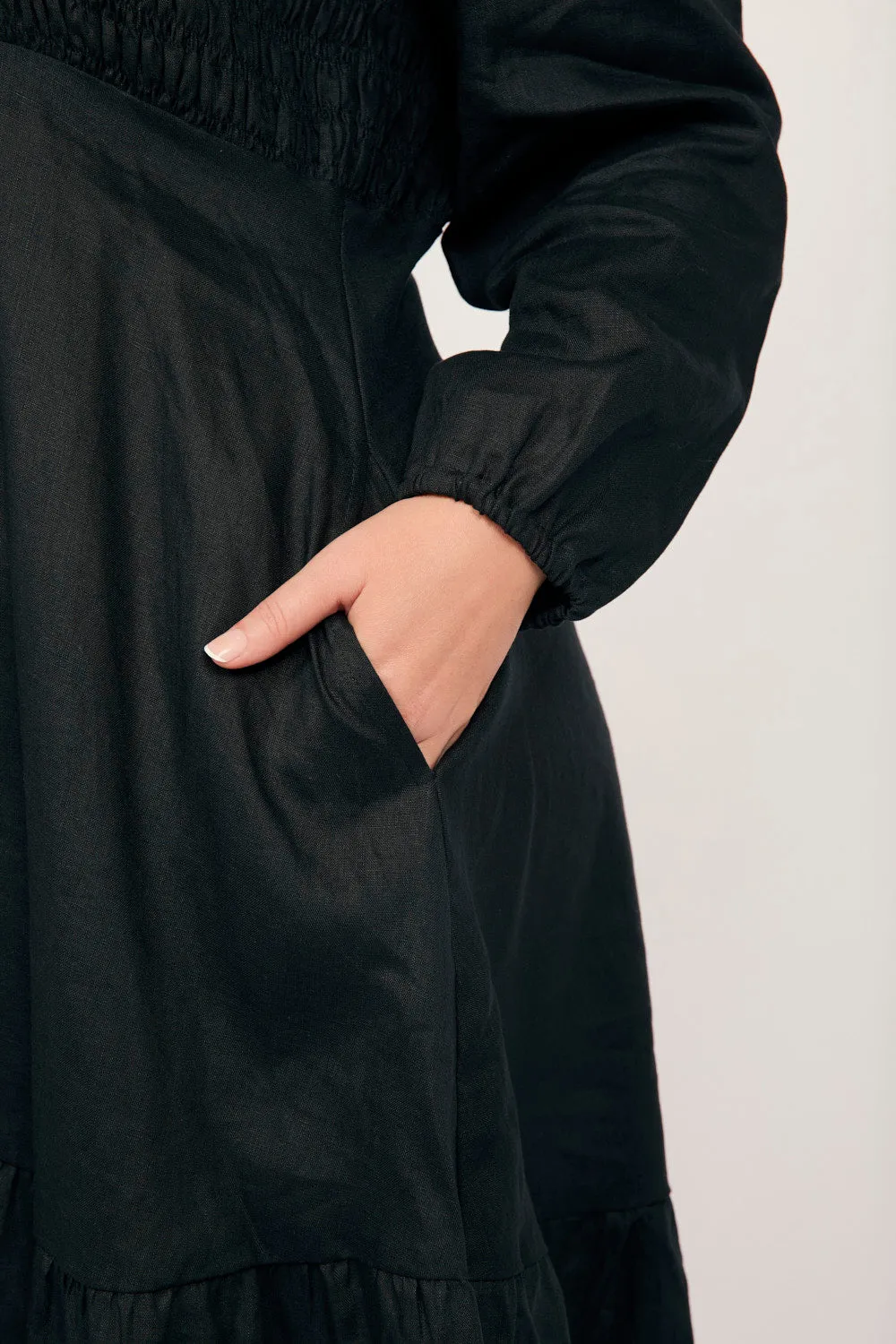 Minden Linen Long Sleeve Shirred Dress in Black Soft Grace Flight Hall