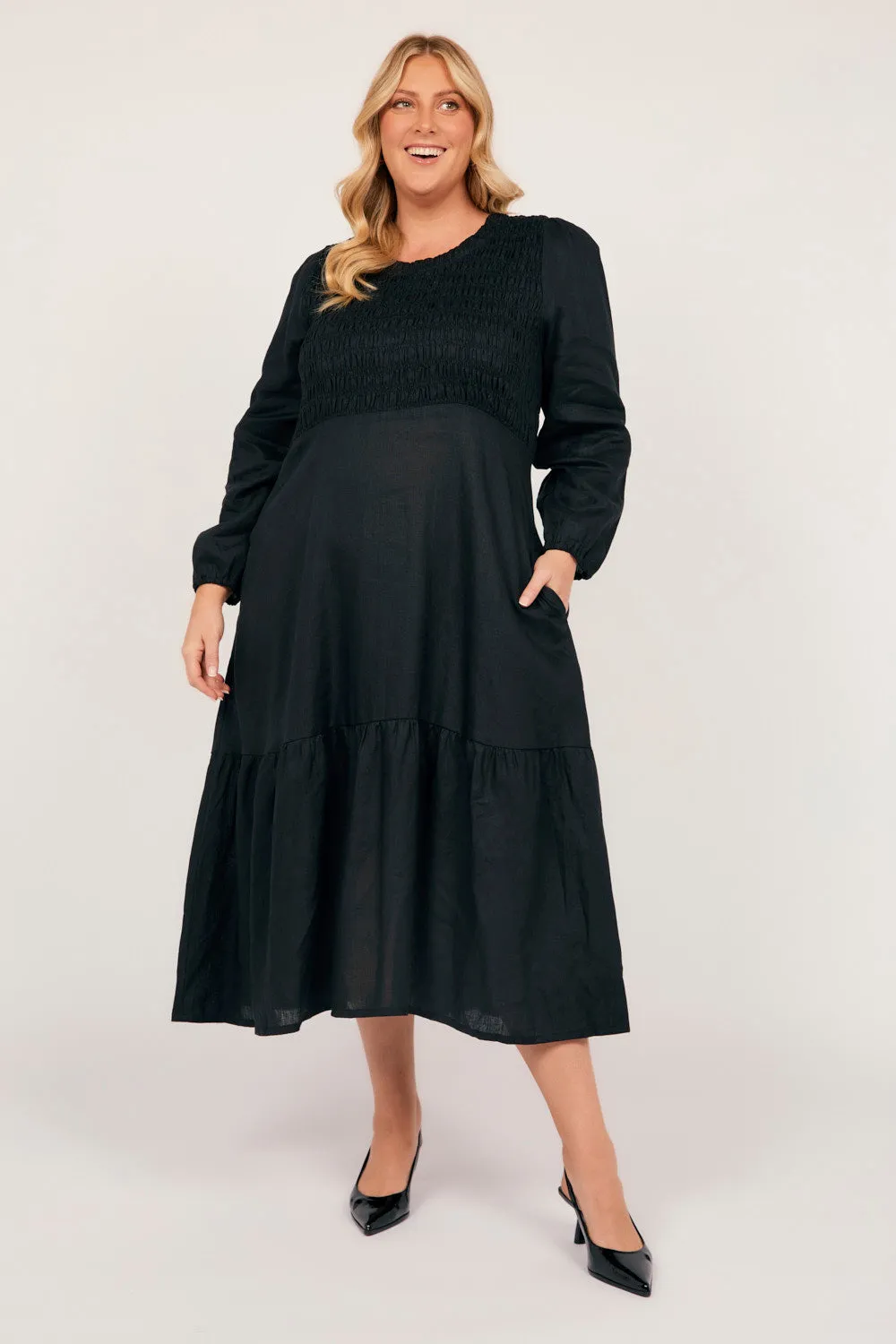 Minden Linen Long Sleeve Shirred Dress in Black Polished Fashion Stylish options