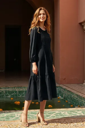 Minden Linen Long Sleeve Shirred Dress in Black Coastal Path